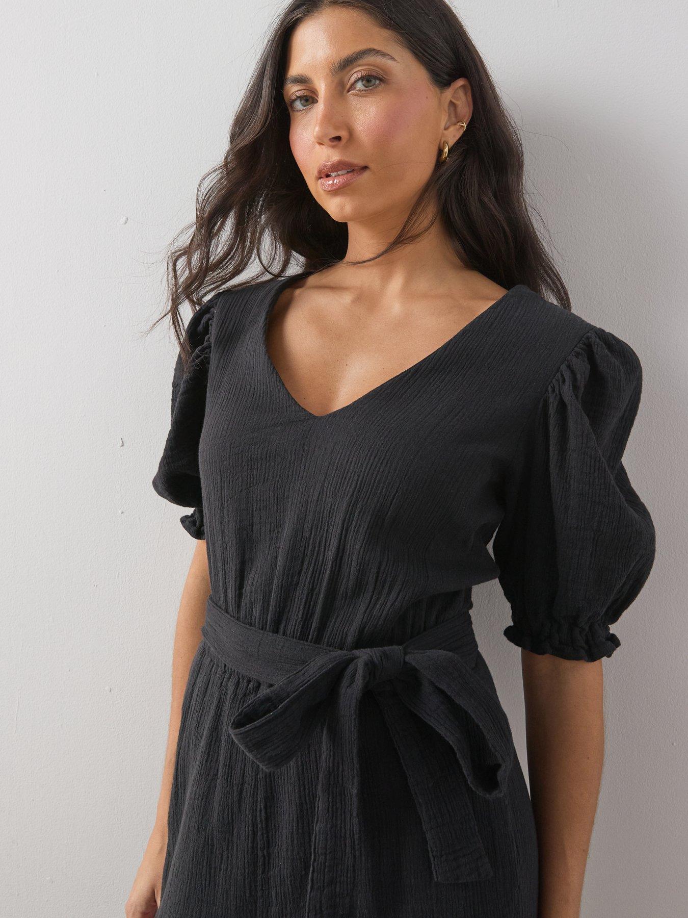 Image 4 of 7 of The Very Collection Cheese Cloth Puff Sleeve Belted Jumpsuit - Black