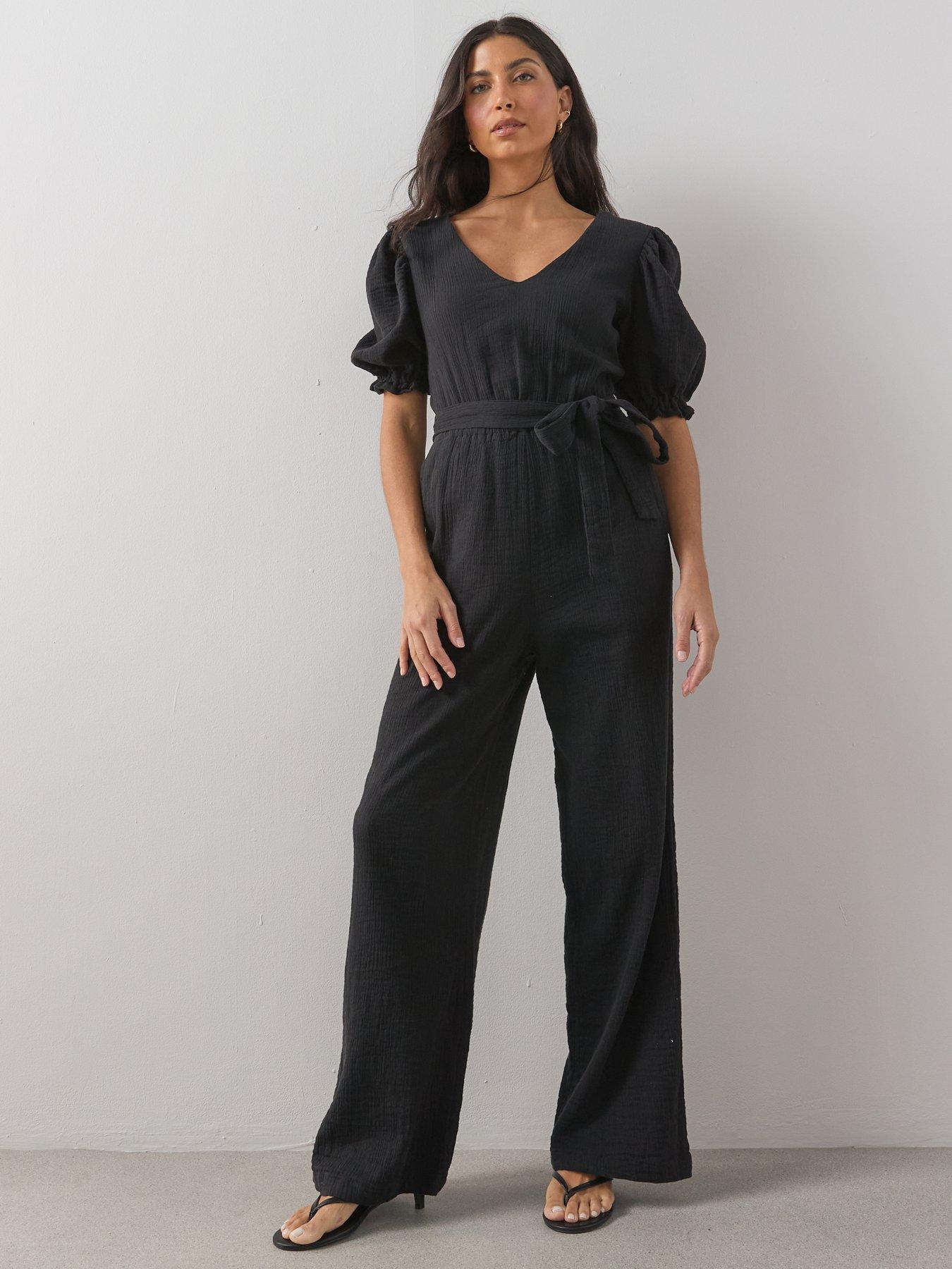 Image 5 of 7 of The Very Collection Cheese Cloth Puff Sleeve Belted Jumpsuit - Black
