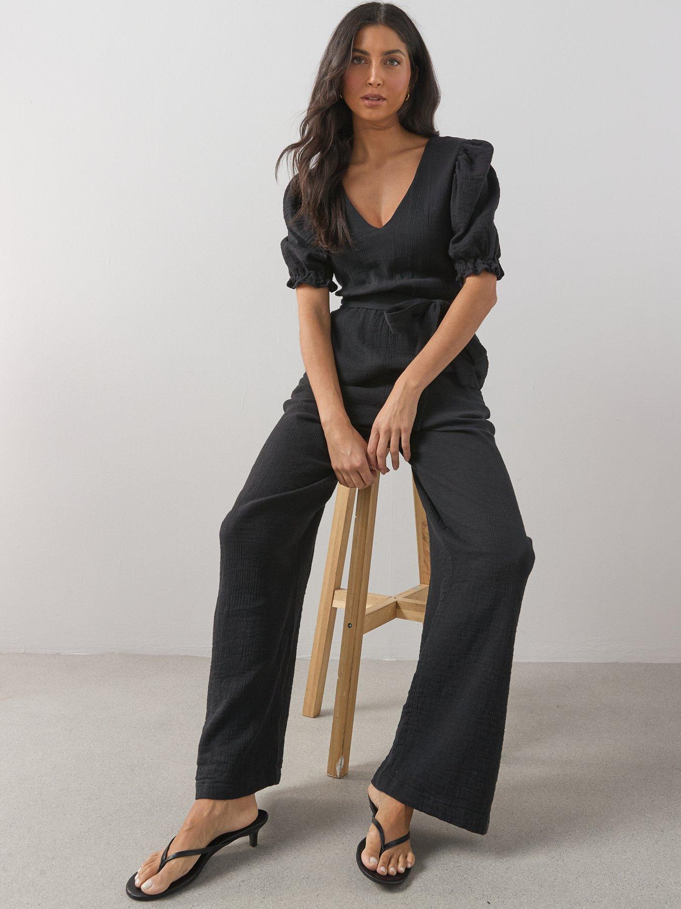 Image 6 of 7 of The Very Collection Cheese Cloth Puff Sleeve Belted Jumpsuit - Black