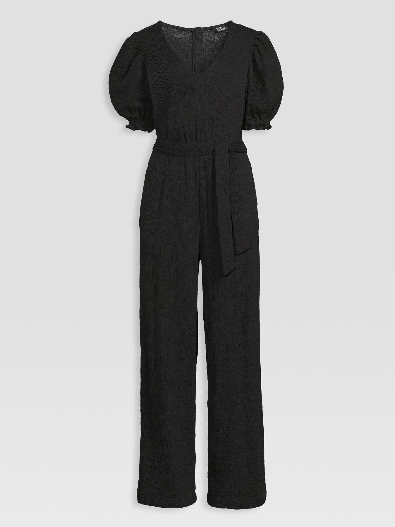 Image 7 of 7 of The Very Collection Cheese Cloth Puff Sleeve Belted Jumpsuit - Black