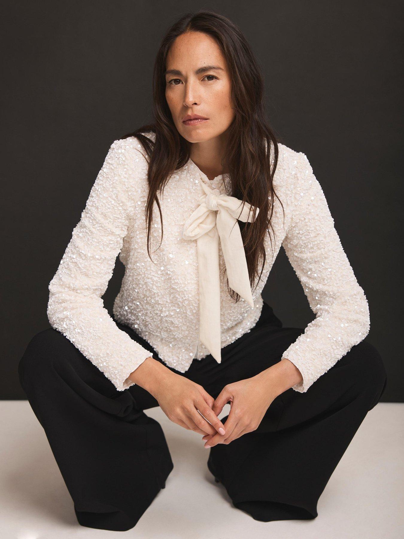 Mint Velvet Ivory Sequin Bow Jacket - White