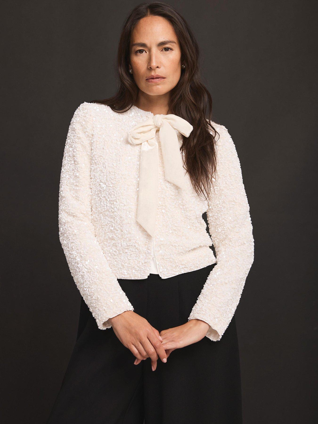  image of mint-velvet-ivory-sequin-bow-jacket-white