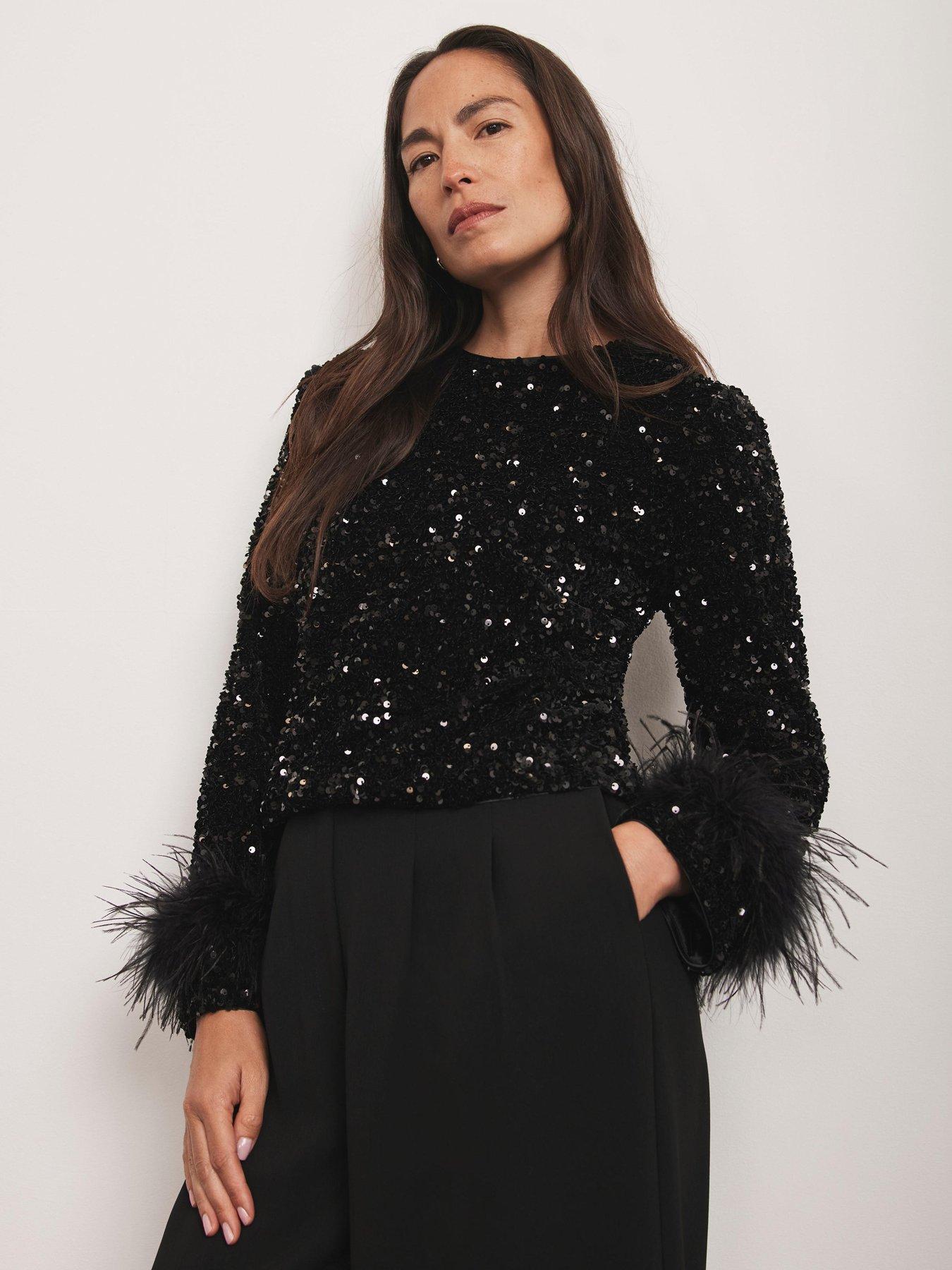  image of mint-velvet-sequin-feather-cuff-top-black