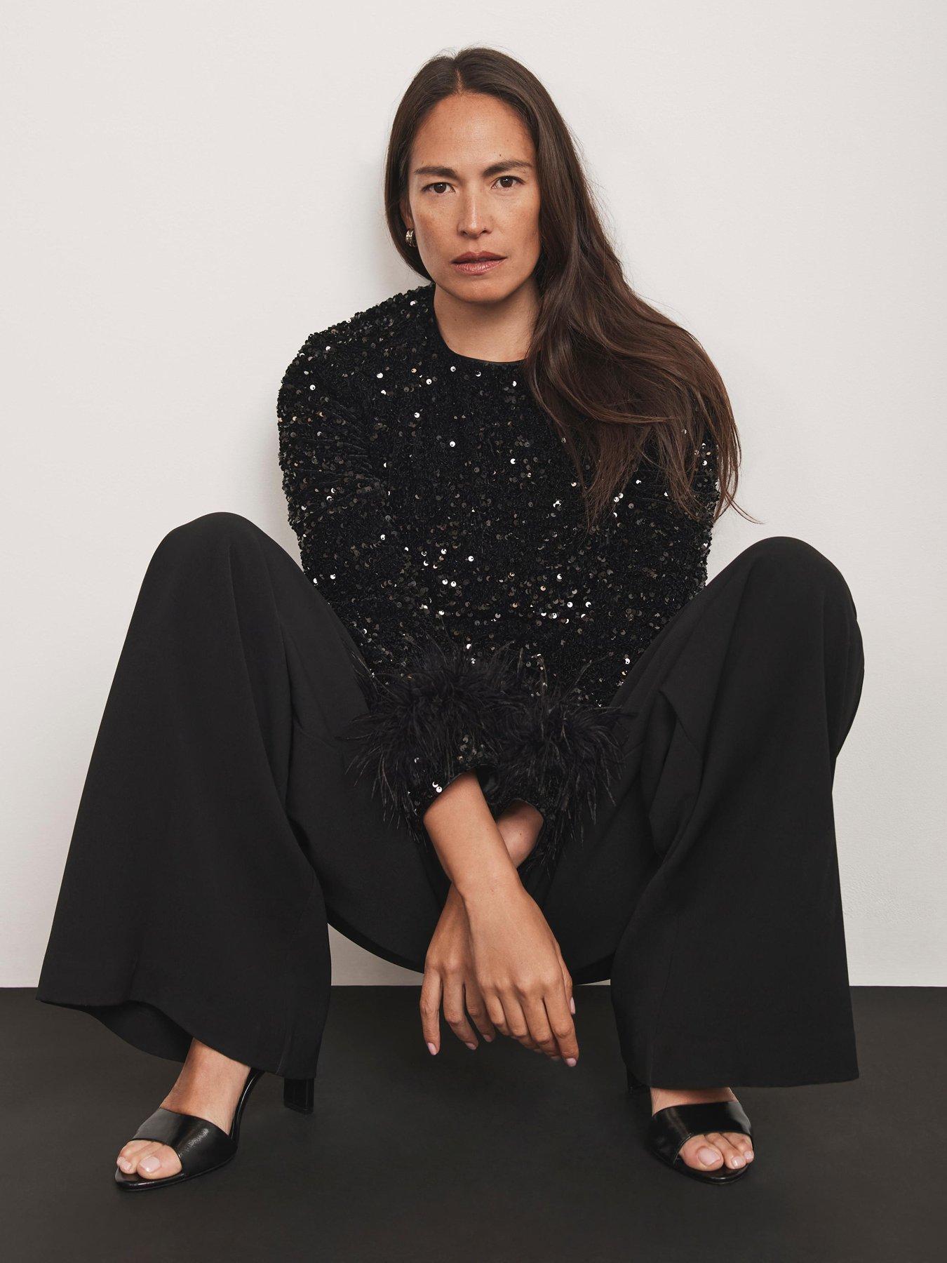  image of mint-velvet-sequin-feather-cuff-top-black