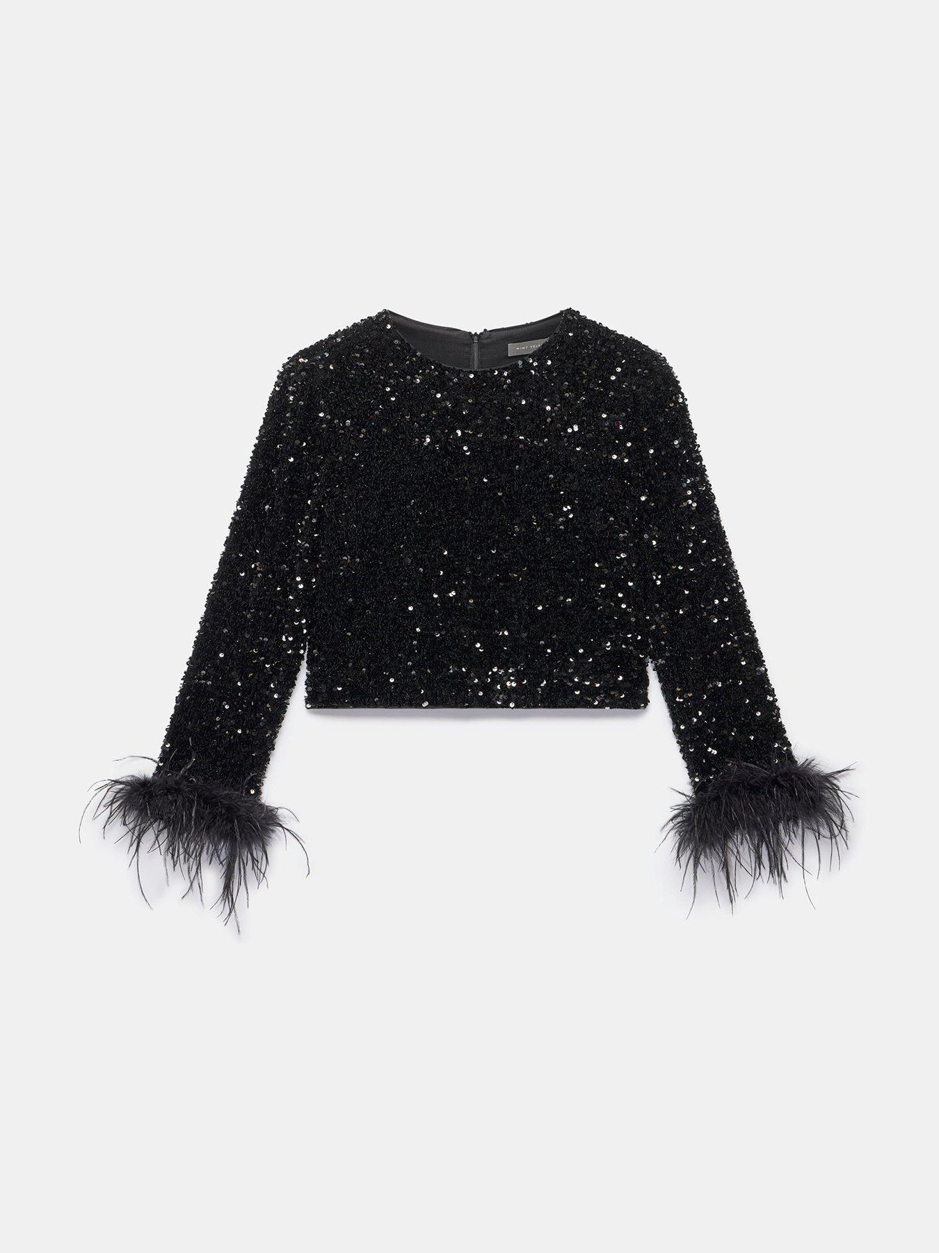 image of mint-velvet-sequin-feather-cuff-top-black