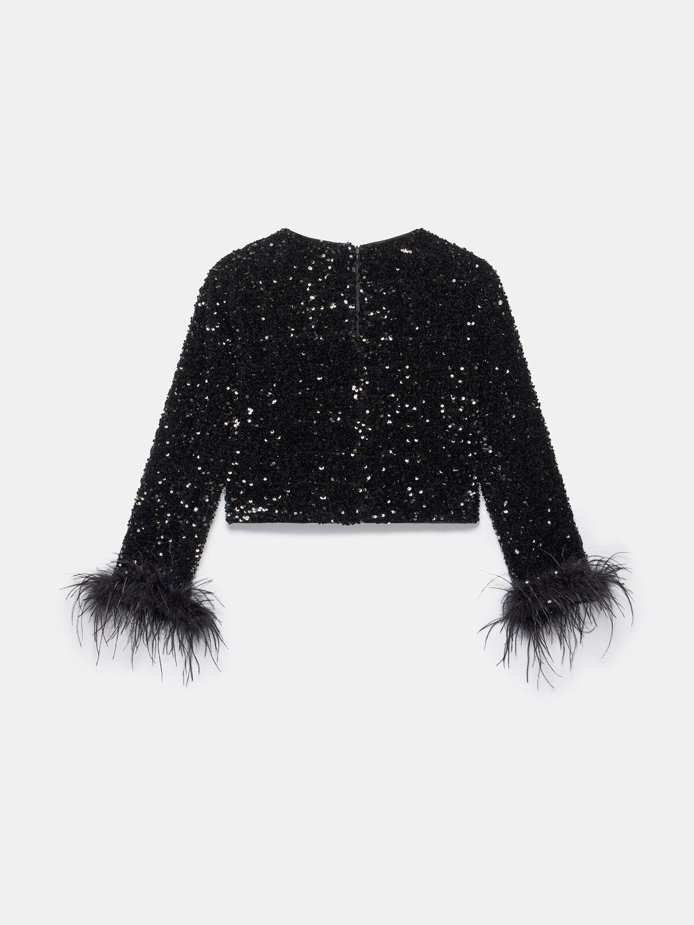  image of mint-velvet-sequin-feather-cuff-top-black
