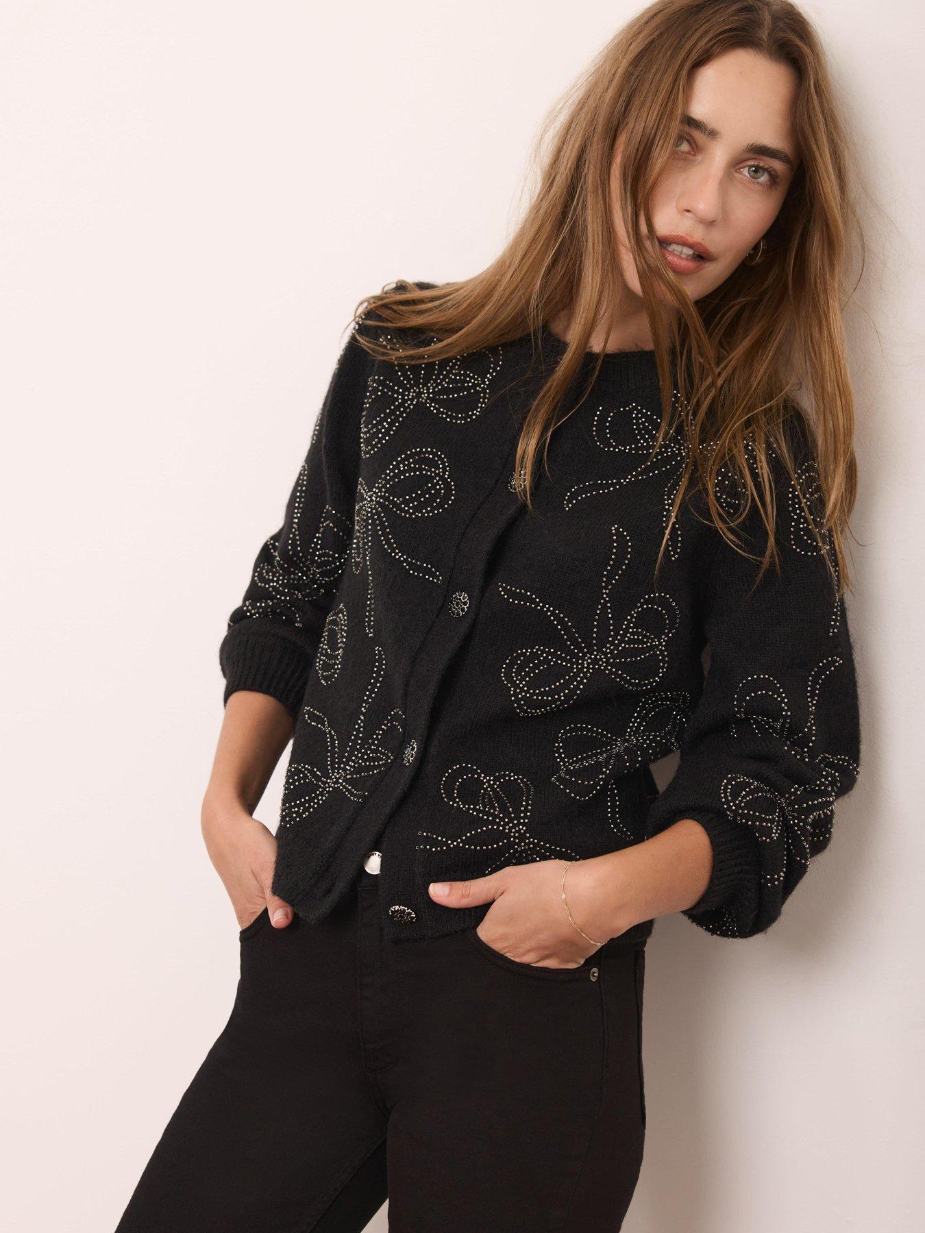 front image of mint-velvet-bow-embellished-cardigan-black