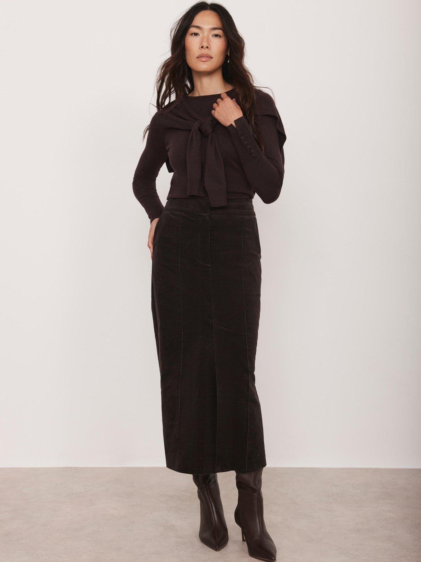  image of mint-velvet-chocolate-corduroy-skirt-brown