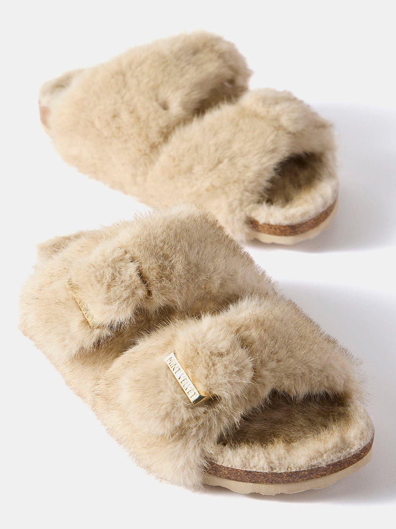  image of mint-velvet-two-strap-faux-fur-slipper-cream