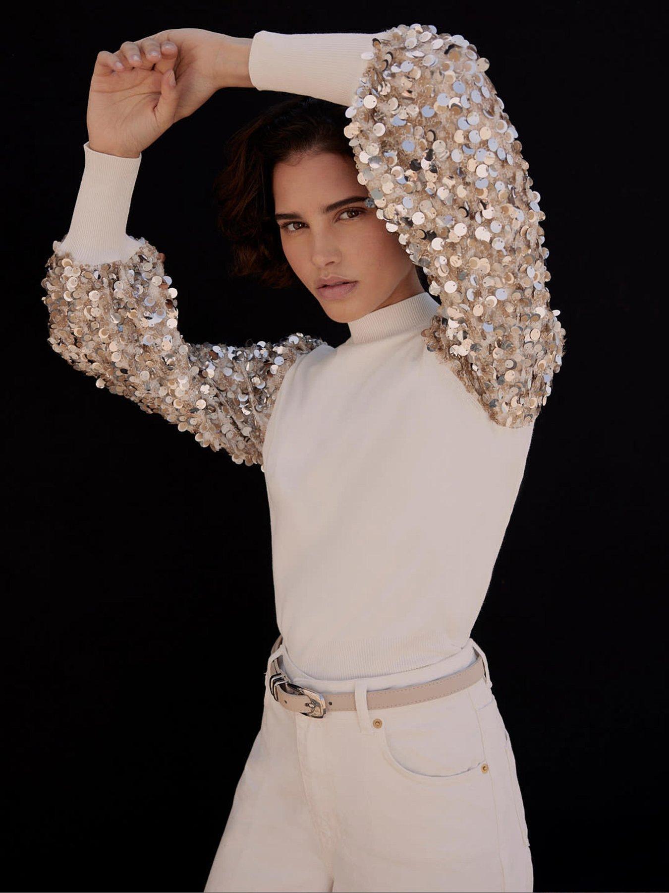  image of mint-velvet-cream-sequin-sleeve-jumper-white