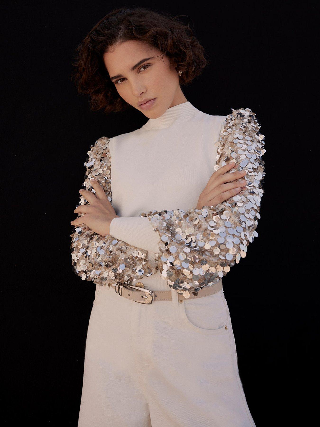  image of mint-velvet-cream-sequin-sleeve-jumper-white