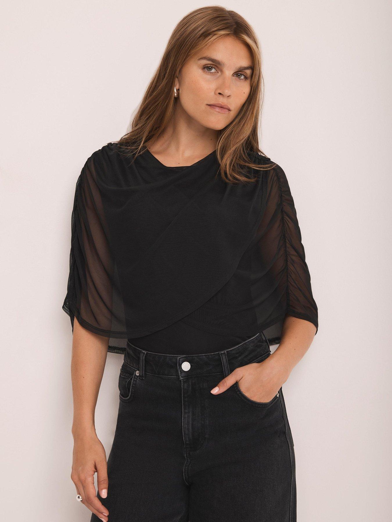 Mint Velvet Mesh Cape Top - Black