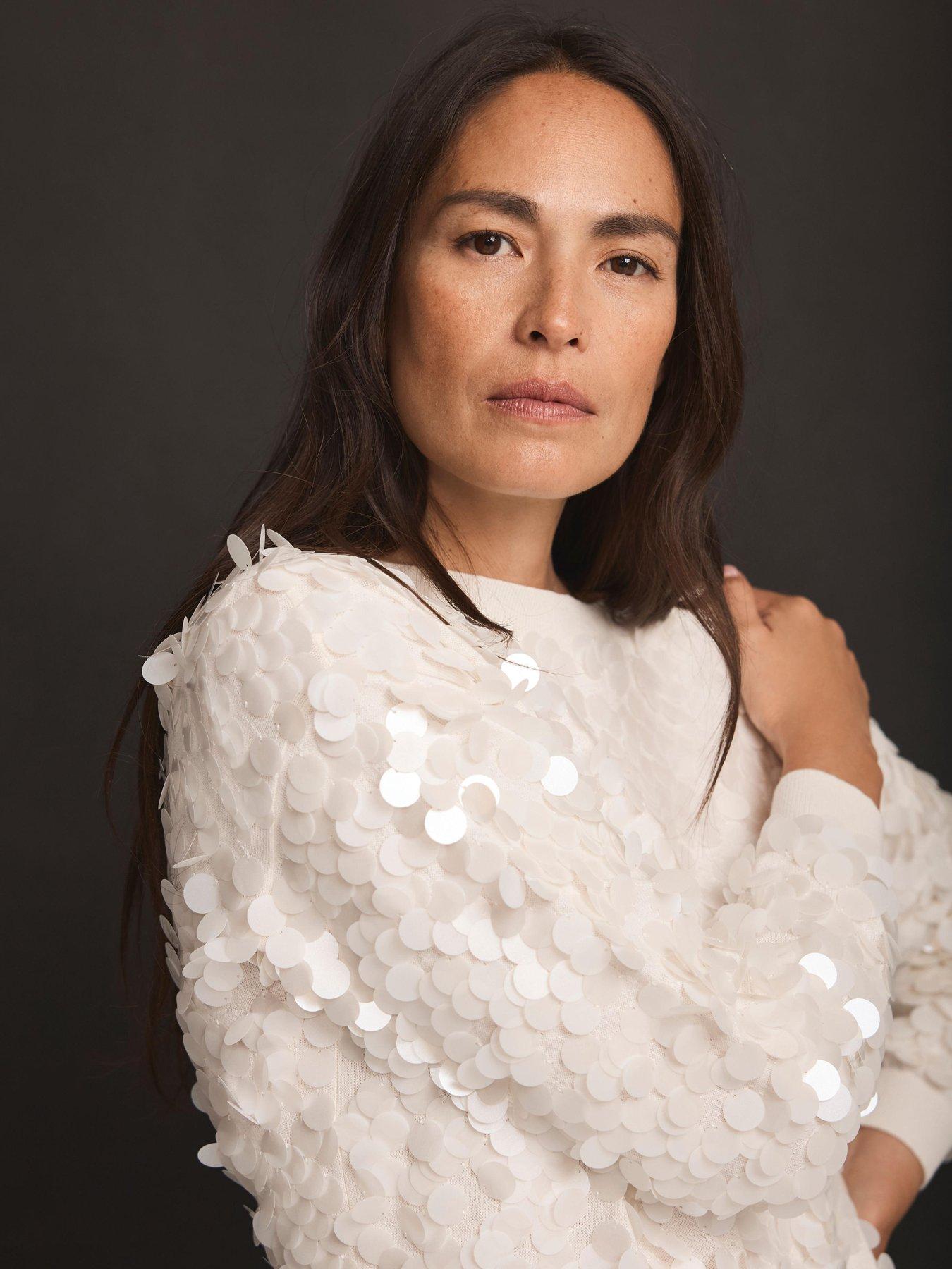 Image 3 of 6 of Mint Velvet Cream Sequin Batwing Jumper - White