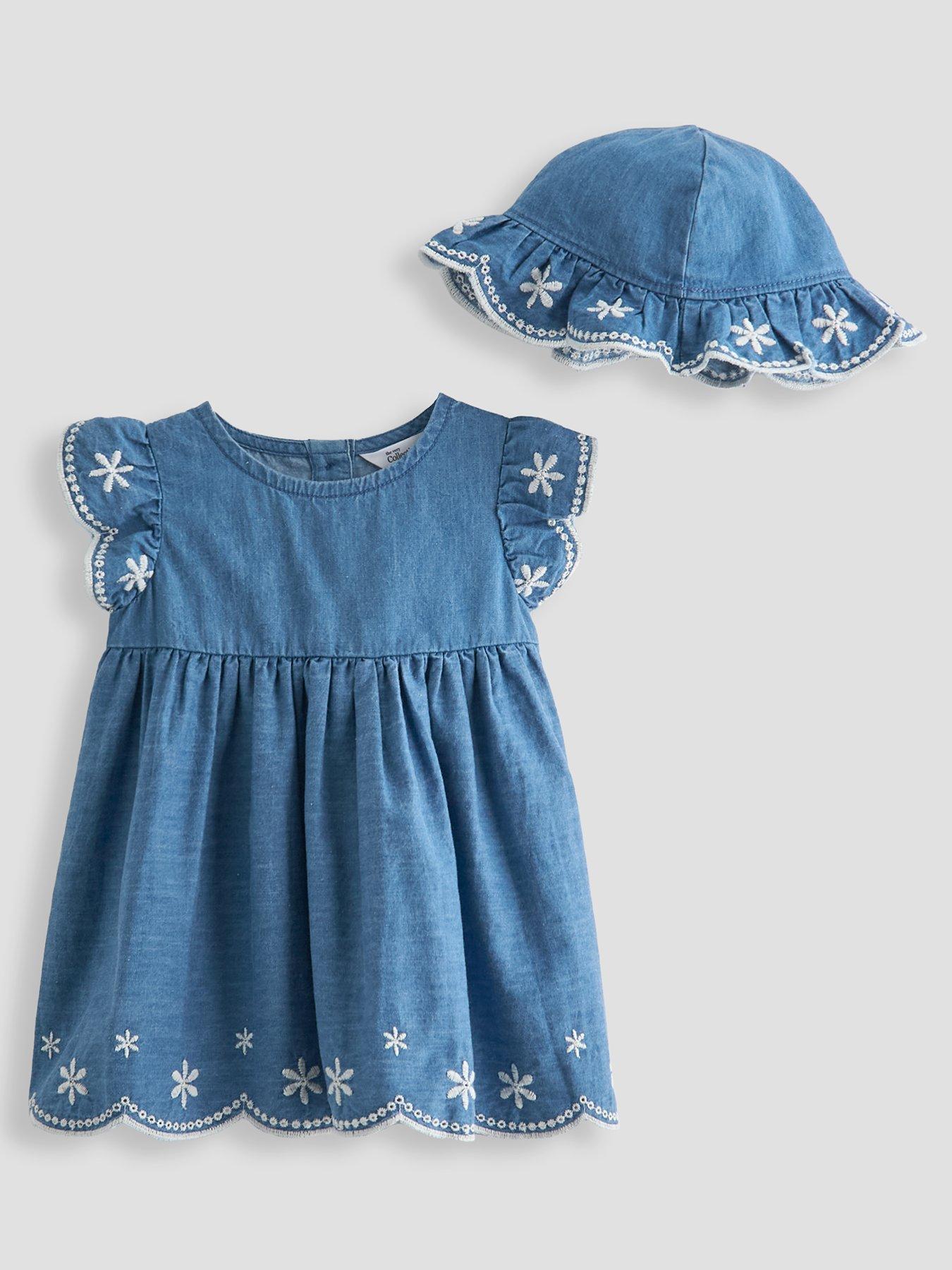 Image 1 of 5 of The Very Collection Broderie Frill Dress And Hat Set - Blue