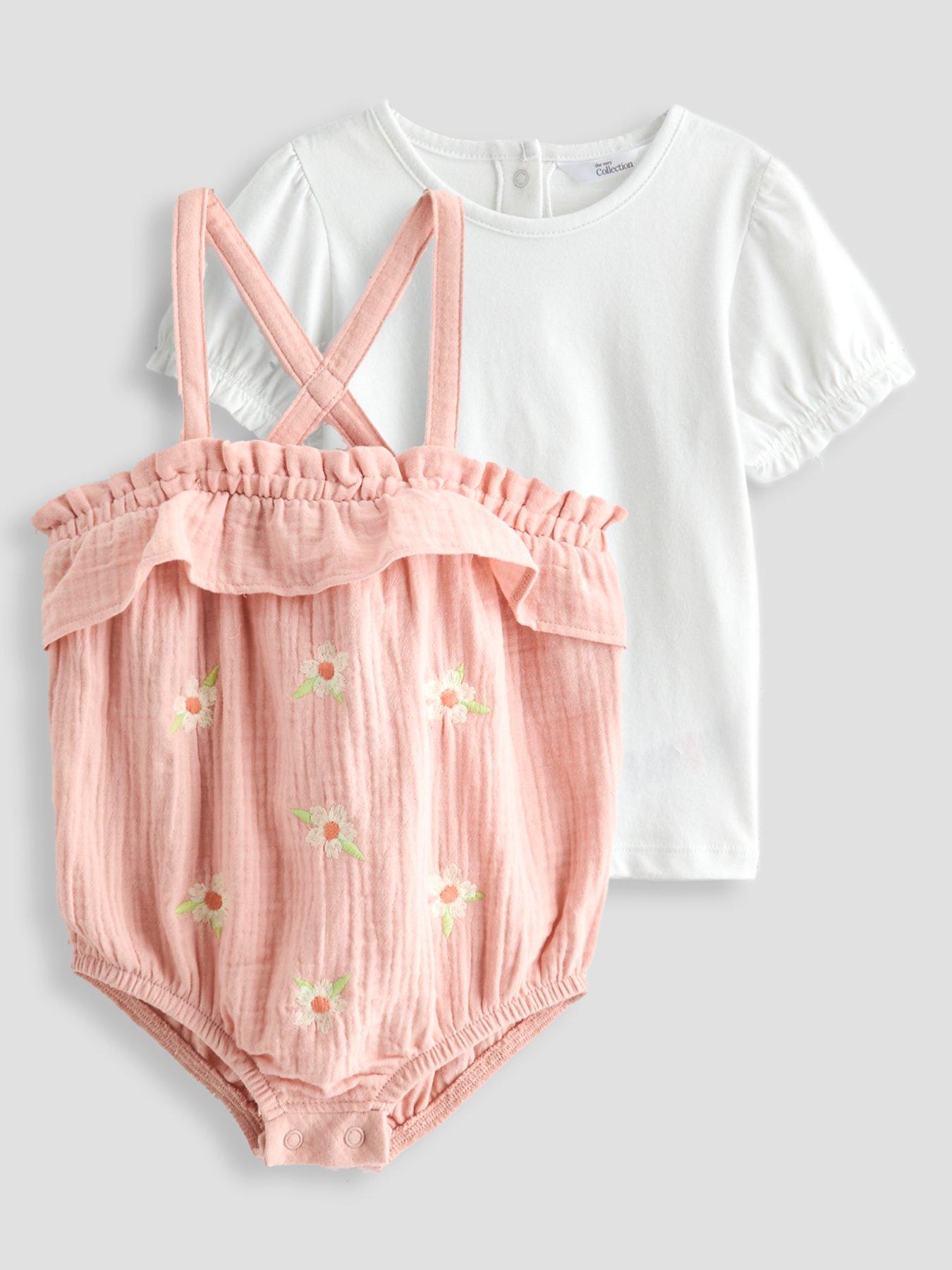 Image 1 of 6 of The Very Collection Baby Girl Embroidered Romper And Tee Set