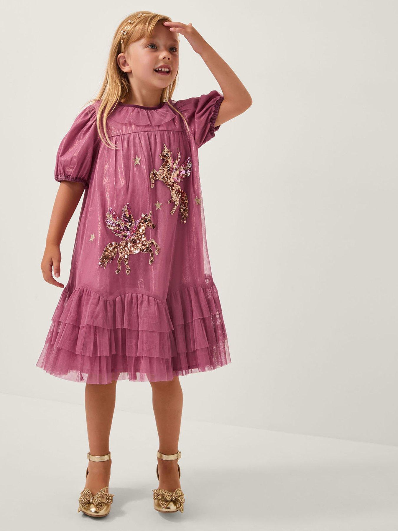 Image 1 of 4 of Monsoon Girls Christmas Unicorn Trapeze Dress - Pink