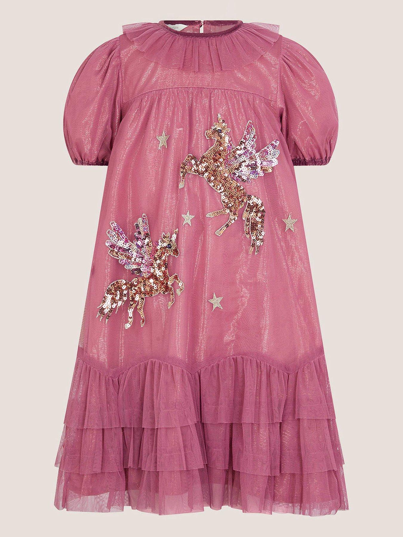 Image 2 of 4 of Monsoon Girls Christmas Unicorn Trapeze Dress - Pink