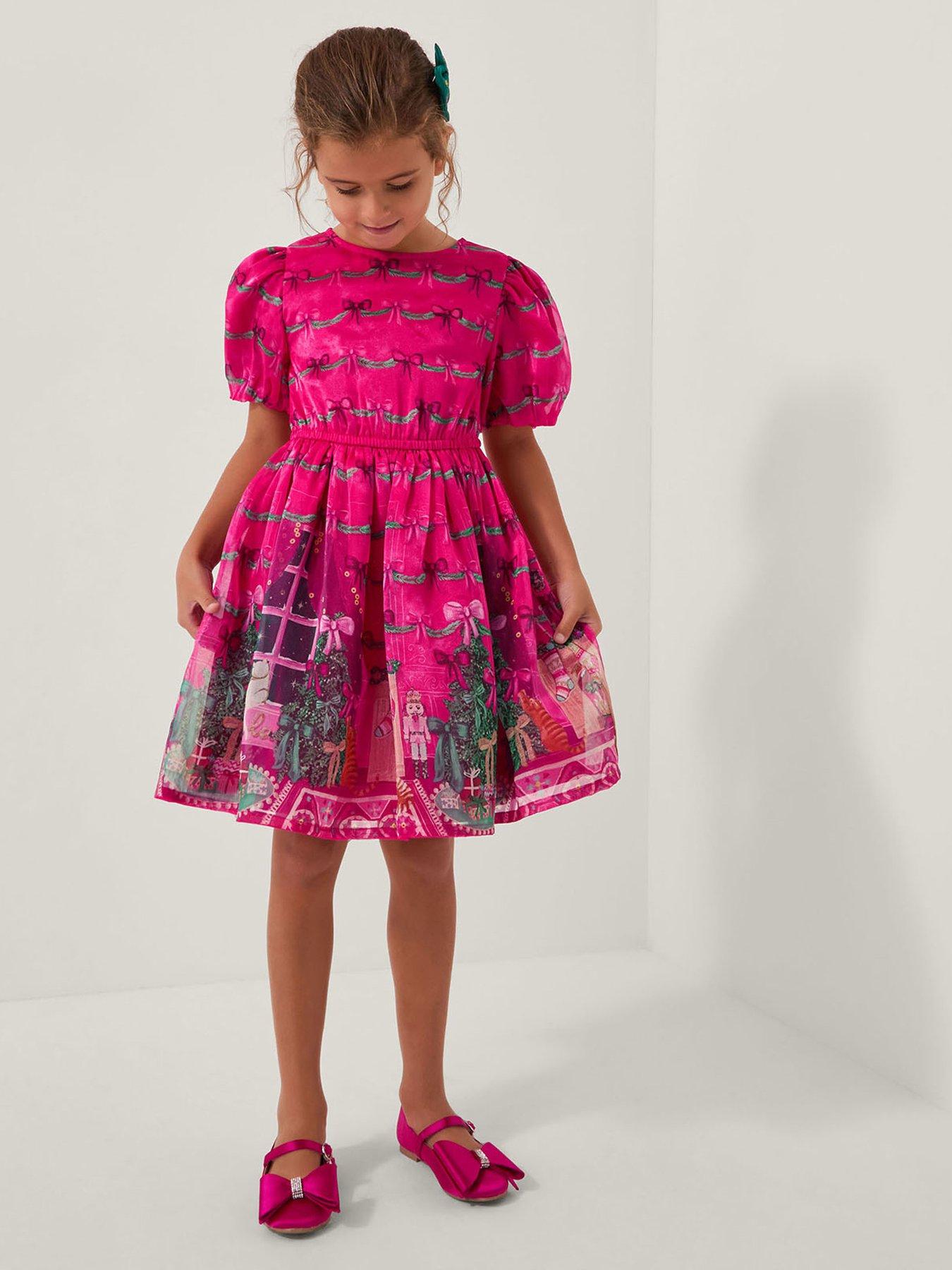Monsoon Girls Christmas Scene Border Print Dress - Pink