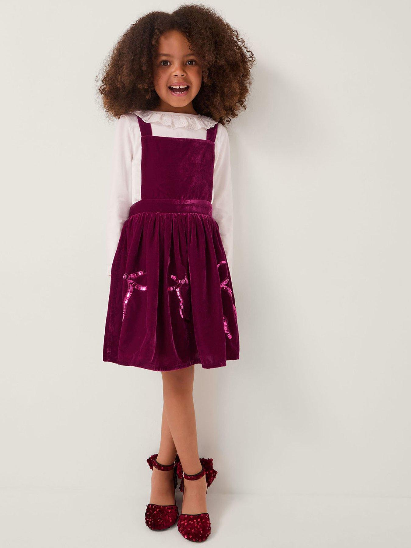 undefined Girls Broderie Top & Bow Velvet Pinafore Dress Set - Dark Red