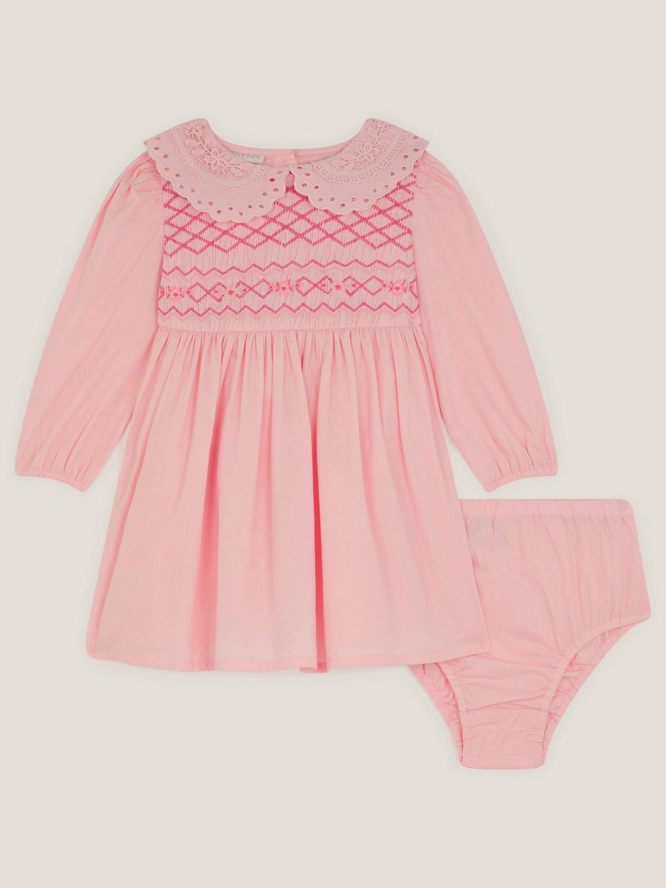 Monsoon Baby Girls Floral Smocked Dress  &  Briefs Set - Pink