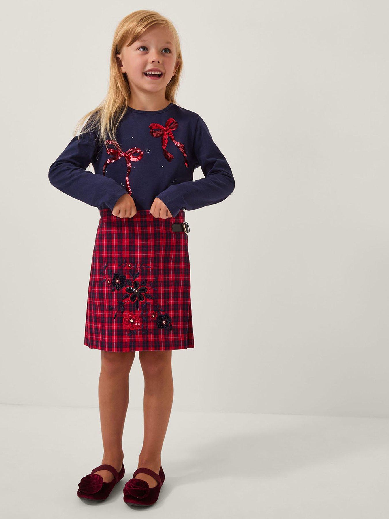 Image 1 of 4 of Monsoon Girls Sequin Embroidered Tartan Skirt - Red