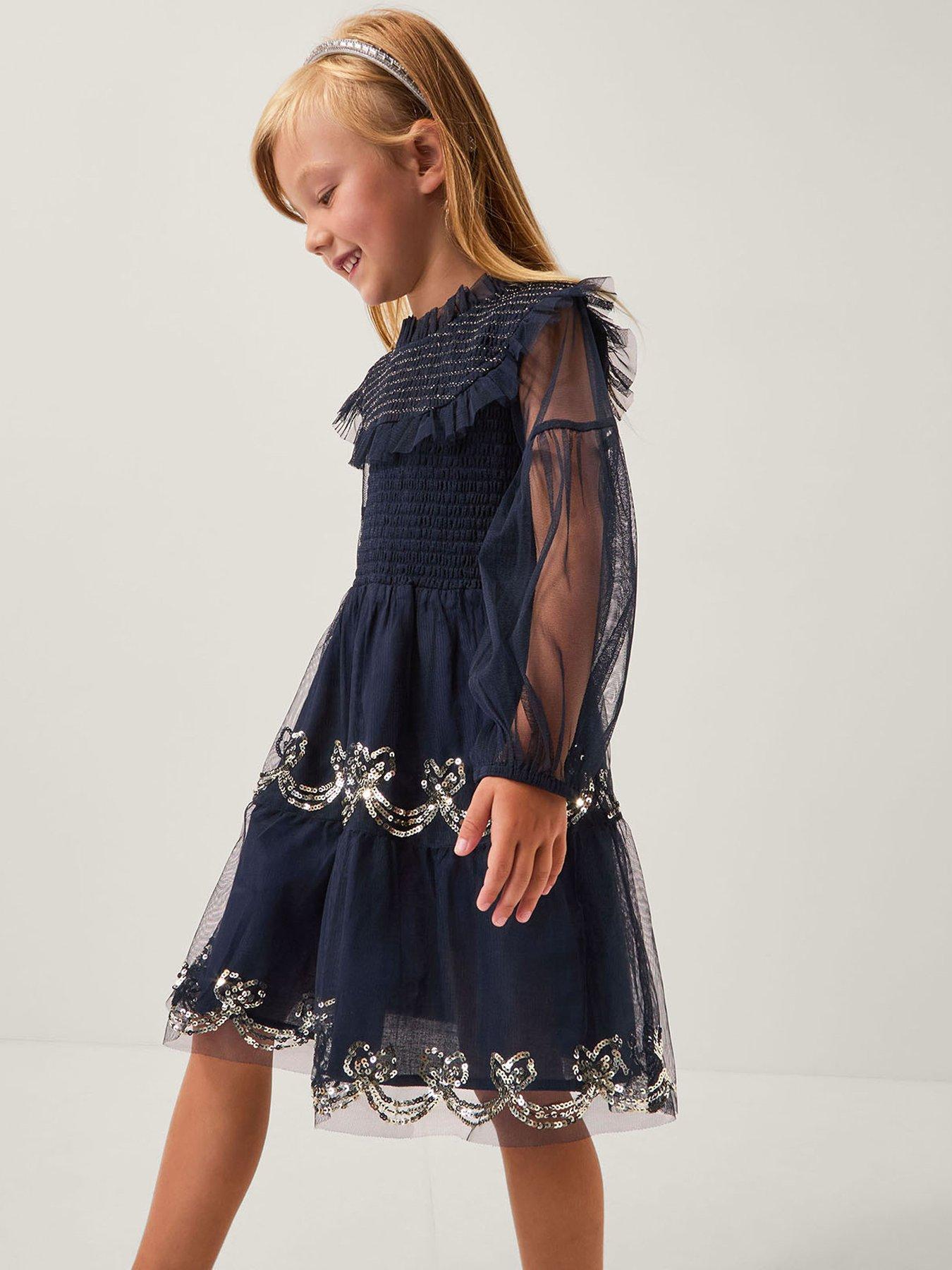 monsoon-girls-bow-shirred-mesh-dress-navy