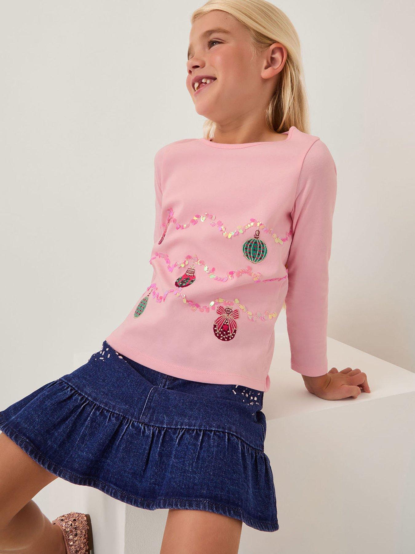 Monsoon Girls Christmas Baubles Long Sleeve Top - Pink