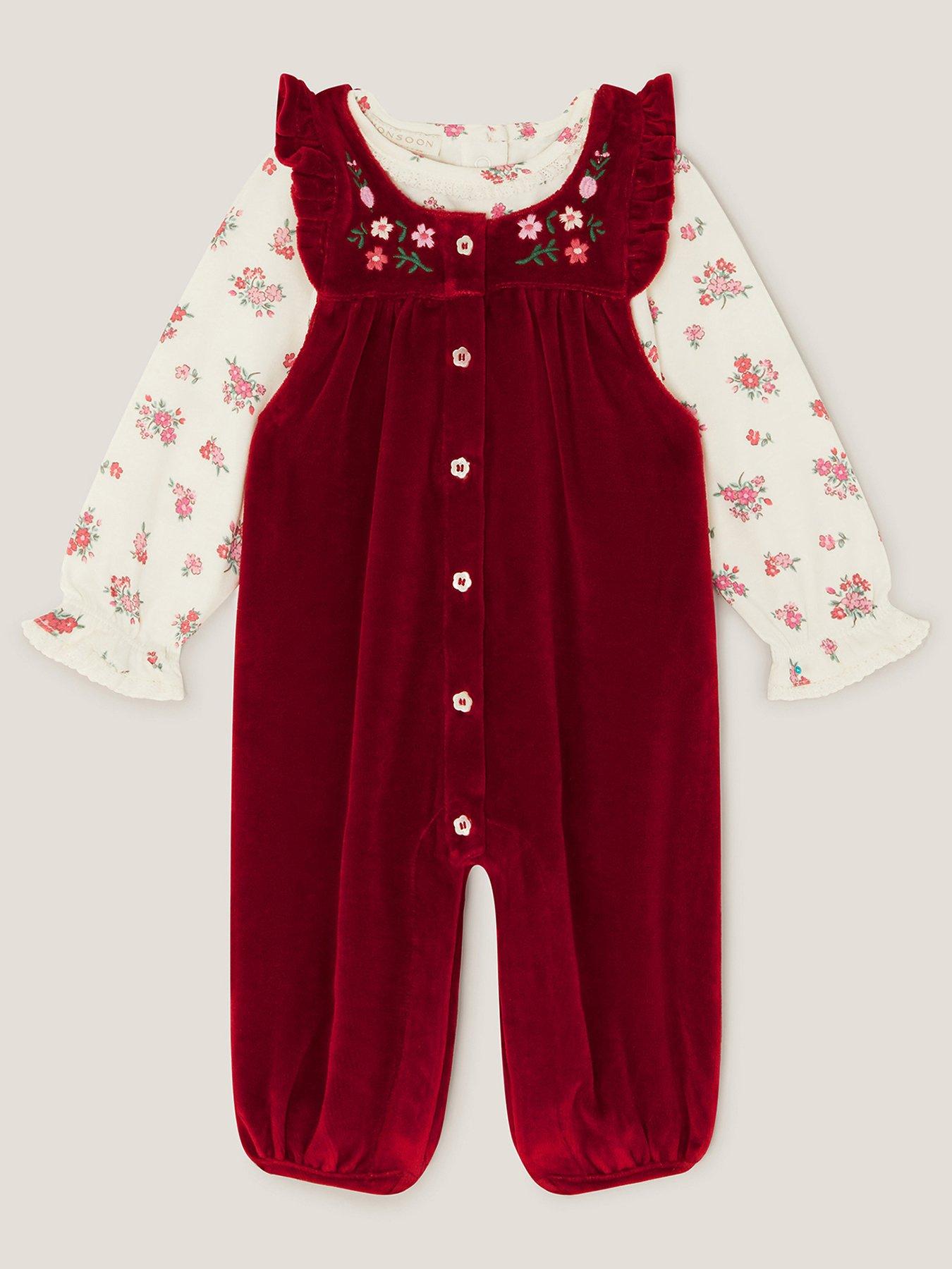 undefined Baby Girls Christmas Velour Embroidered Dungaree - Red