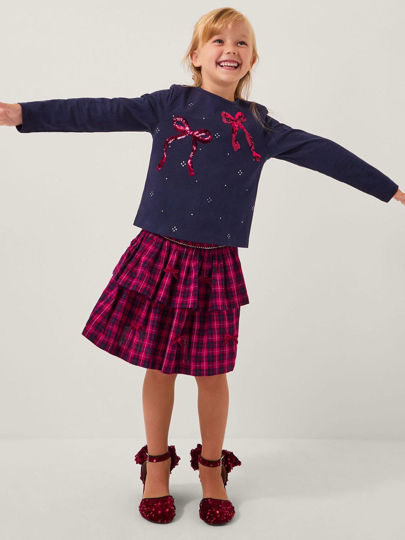 Monsoon Girls Bow Embellished Top & Tartan Skirt Set - Red