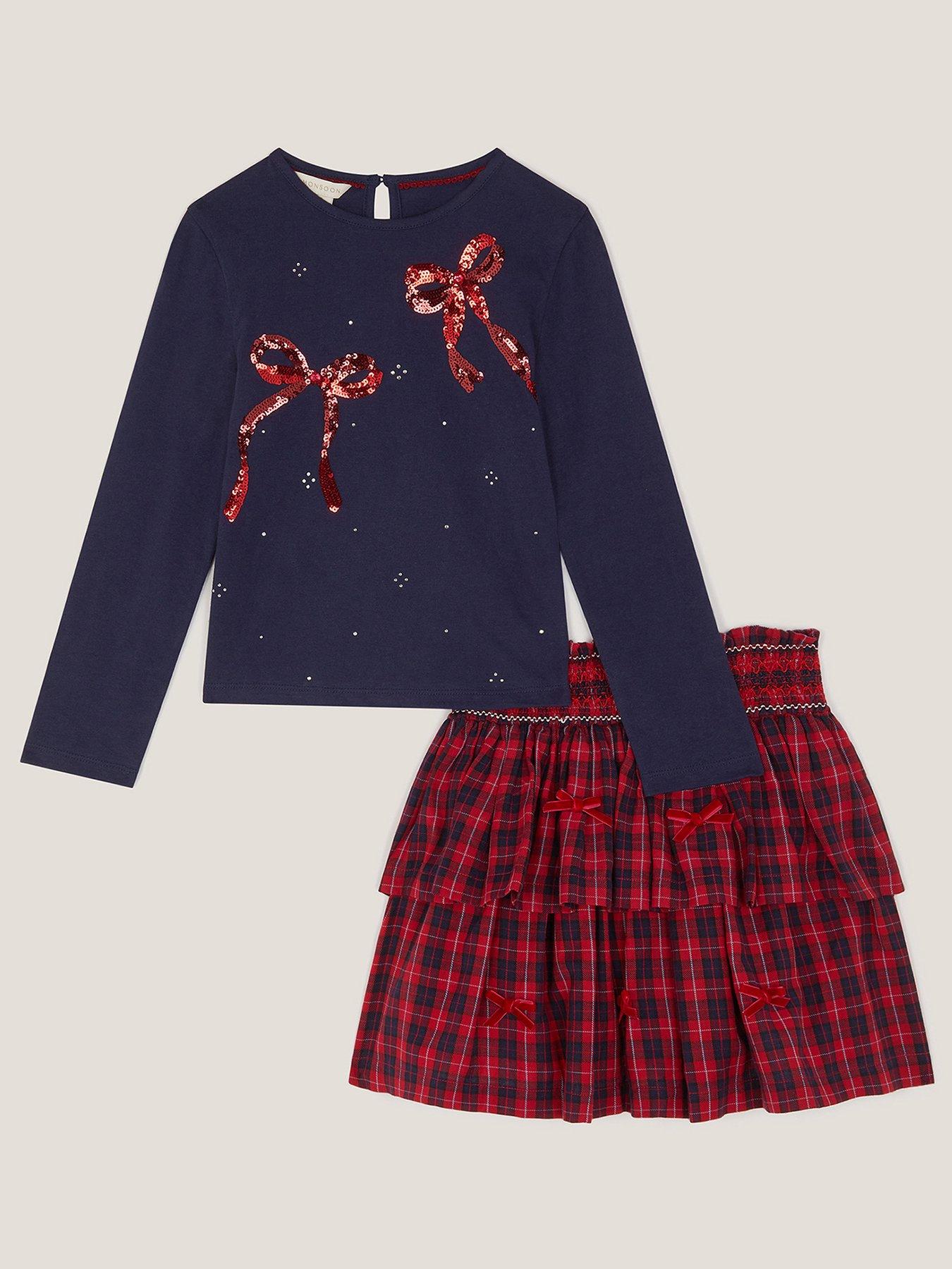  image of monsoon-girls-bow-embellished-top-amp-tartan-skirt-set-red