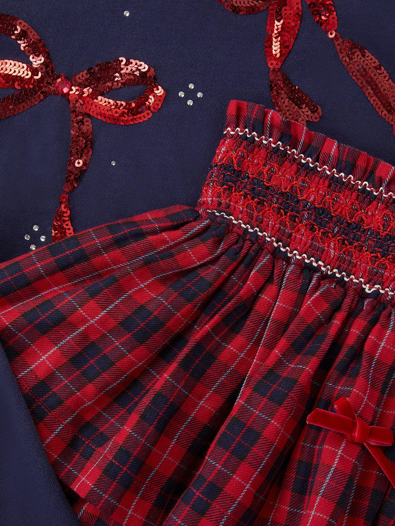  image of monsoon-girls-bow-embellished-top-amp-tartan-skirt-set-red