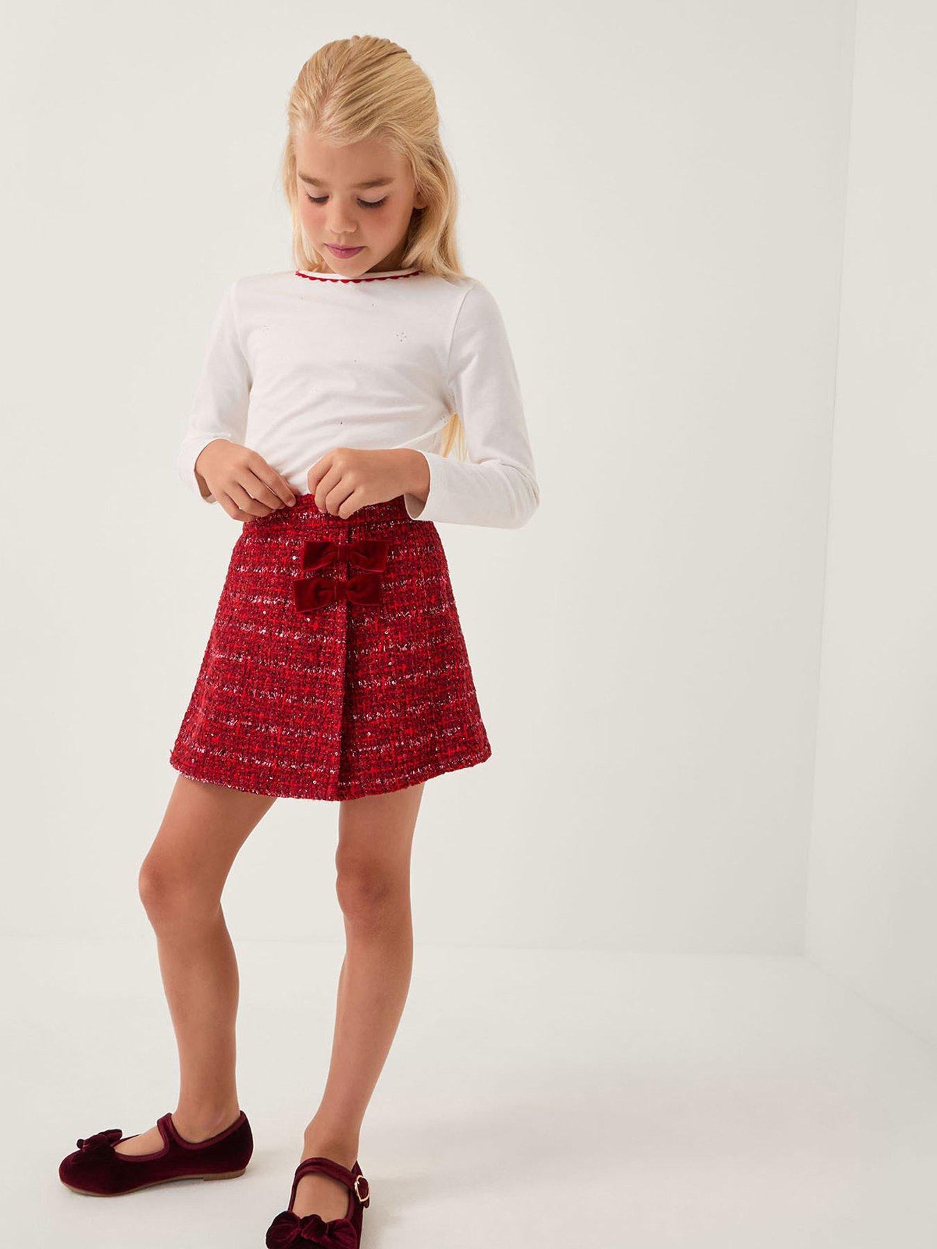 Image 1 of 4 of Monsoon Girls Rhinestone Top & Tweed Skort Set - Red