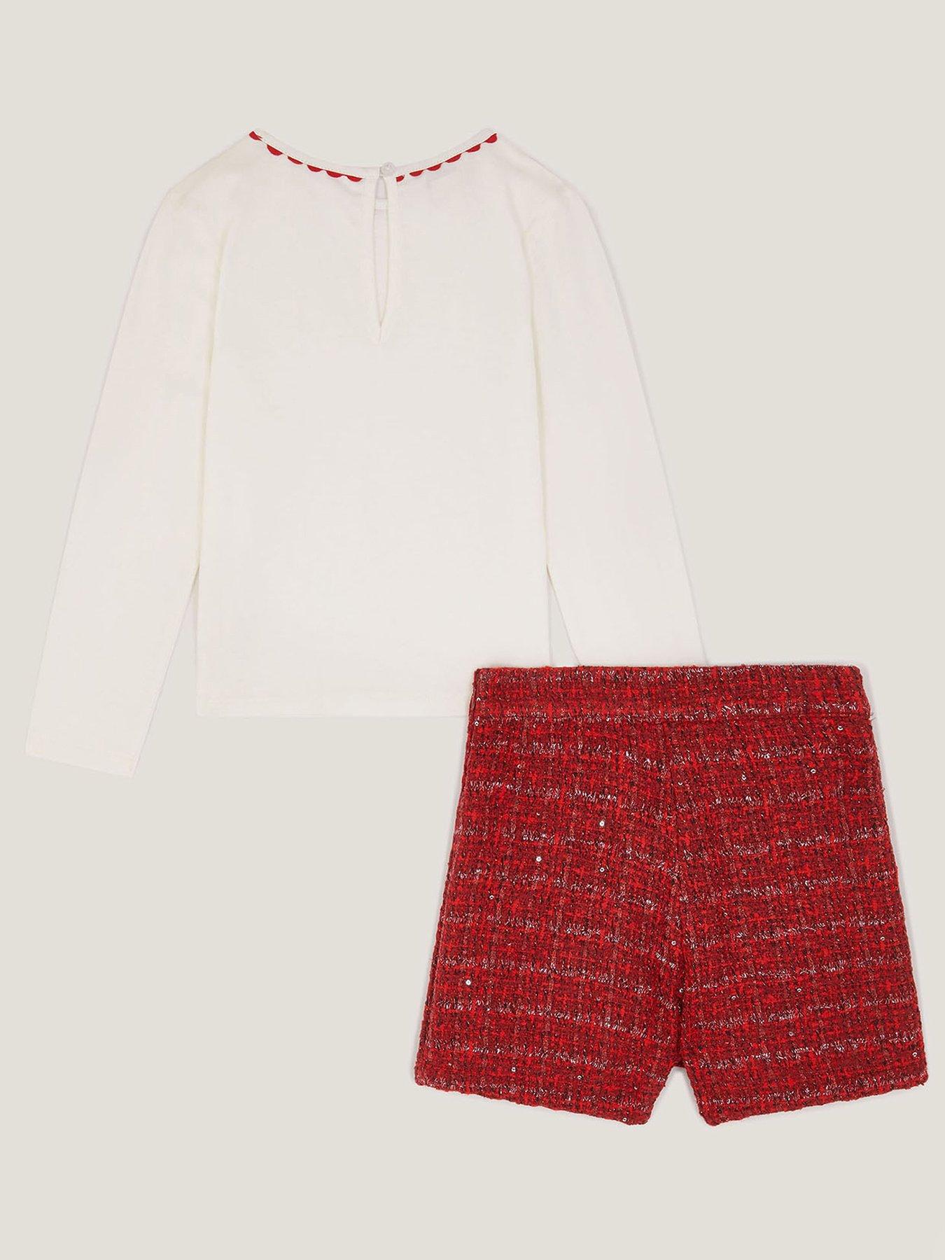 Image 3 of 4 of Monsoon Girls Rhinestone Top & Tweed Skort Set - Red