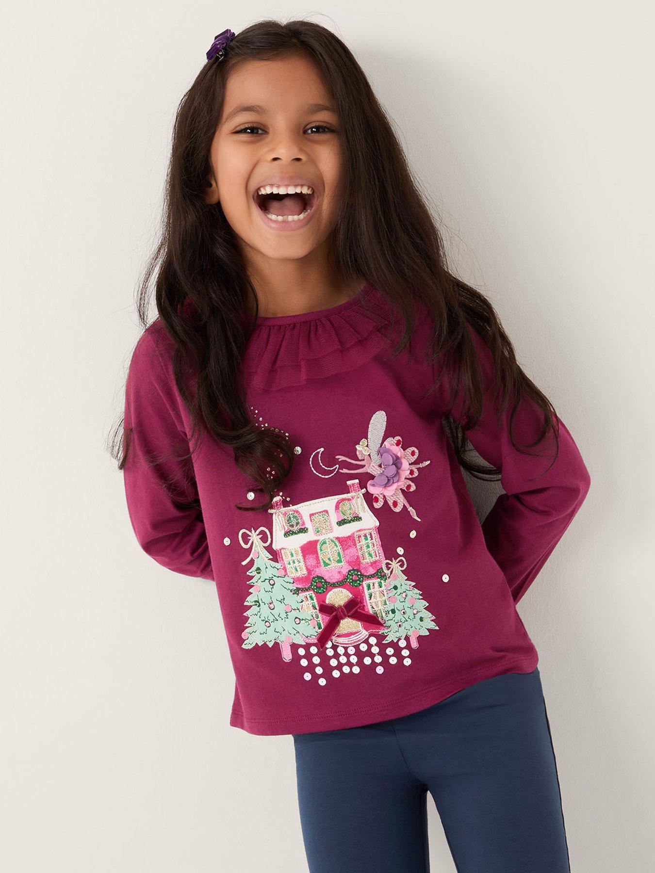 Monsoon Girls Christmas House Embellished Long Sleeve Top - Dark Red