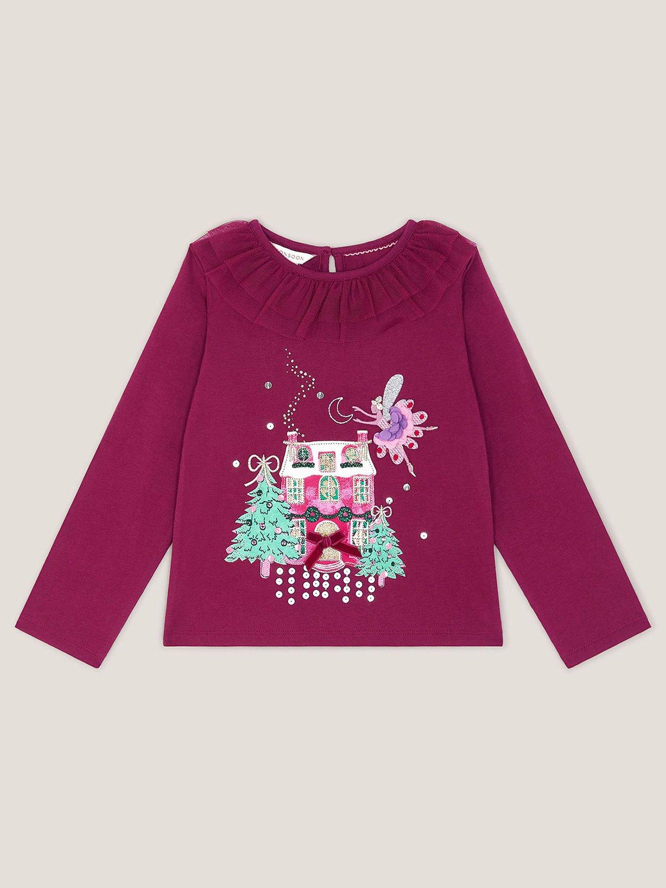 Monsoon Girls Christmas House Embellished Long Sleeve Top - Dark Red