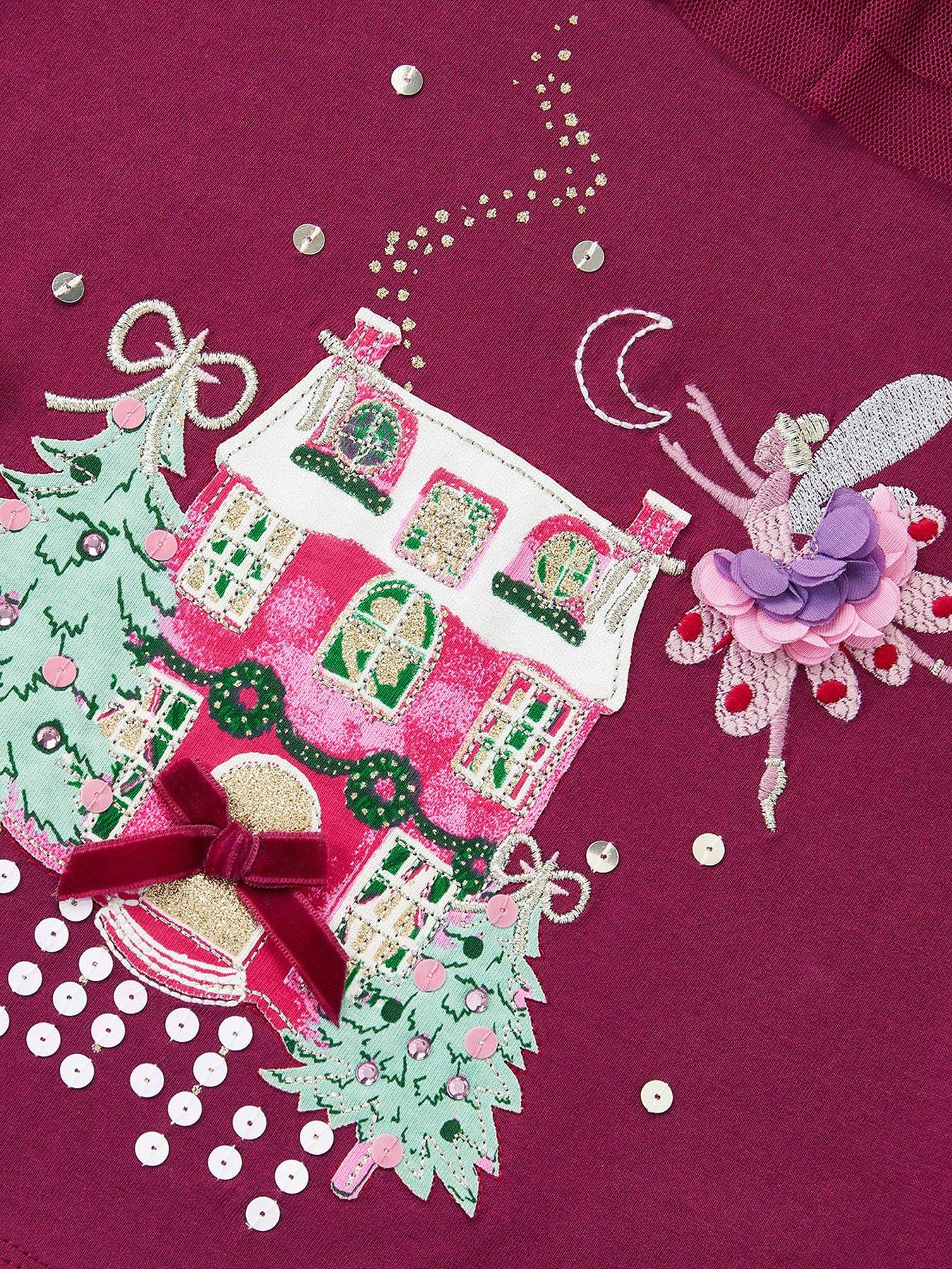  image of monsoon-girls-christmas-house-embellished-long-sleeve-top-dark-red