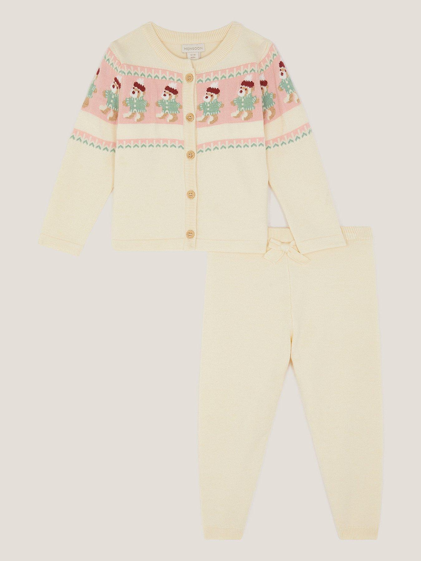 Monsoon Baby Girls Bear Fairsle Cardigan  &  Legging Set - Light Cream