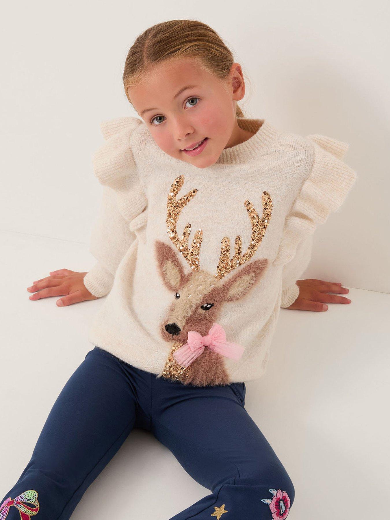 Monsoon Girls Christmas Deer Knitted Jumper - Cream