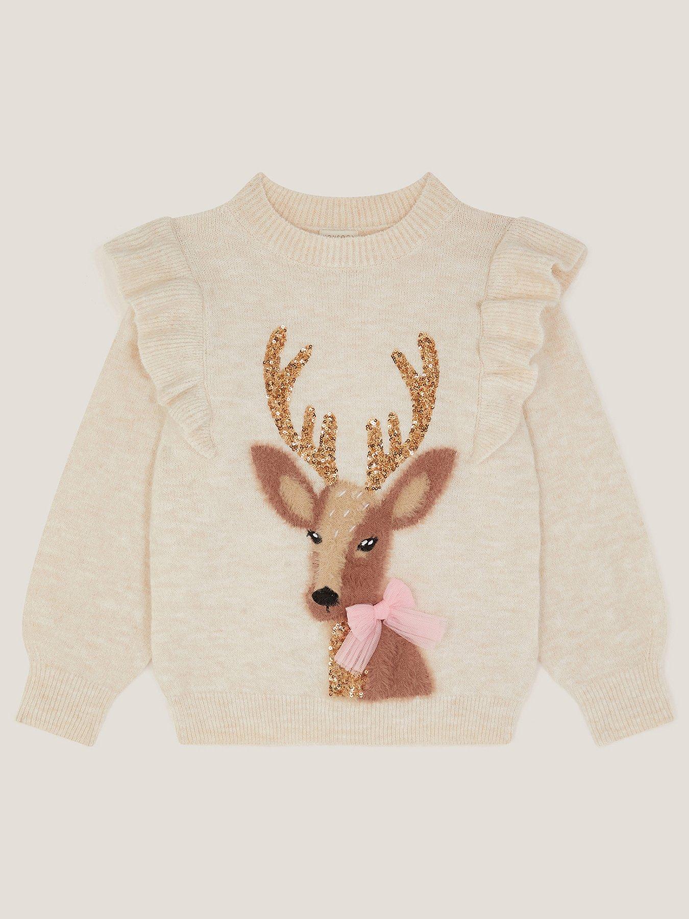 Monsoon Girls Christmas Deer Knitted Jumper - Cream