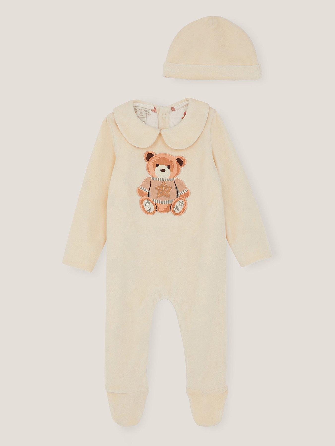 Image 1 of 3 of Monsoon Baby Girls Christmas Bear Sleepsuit &amp; Hat - Light Cream