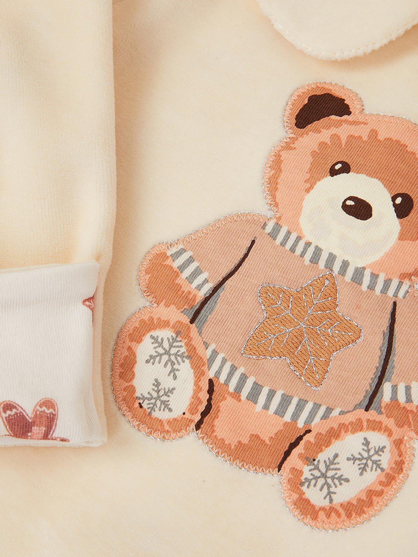 Image 3 of 3 of Monsoon Baby Girls Christmas Bear Sleepsuit &amp; Hat - Light Cream