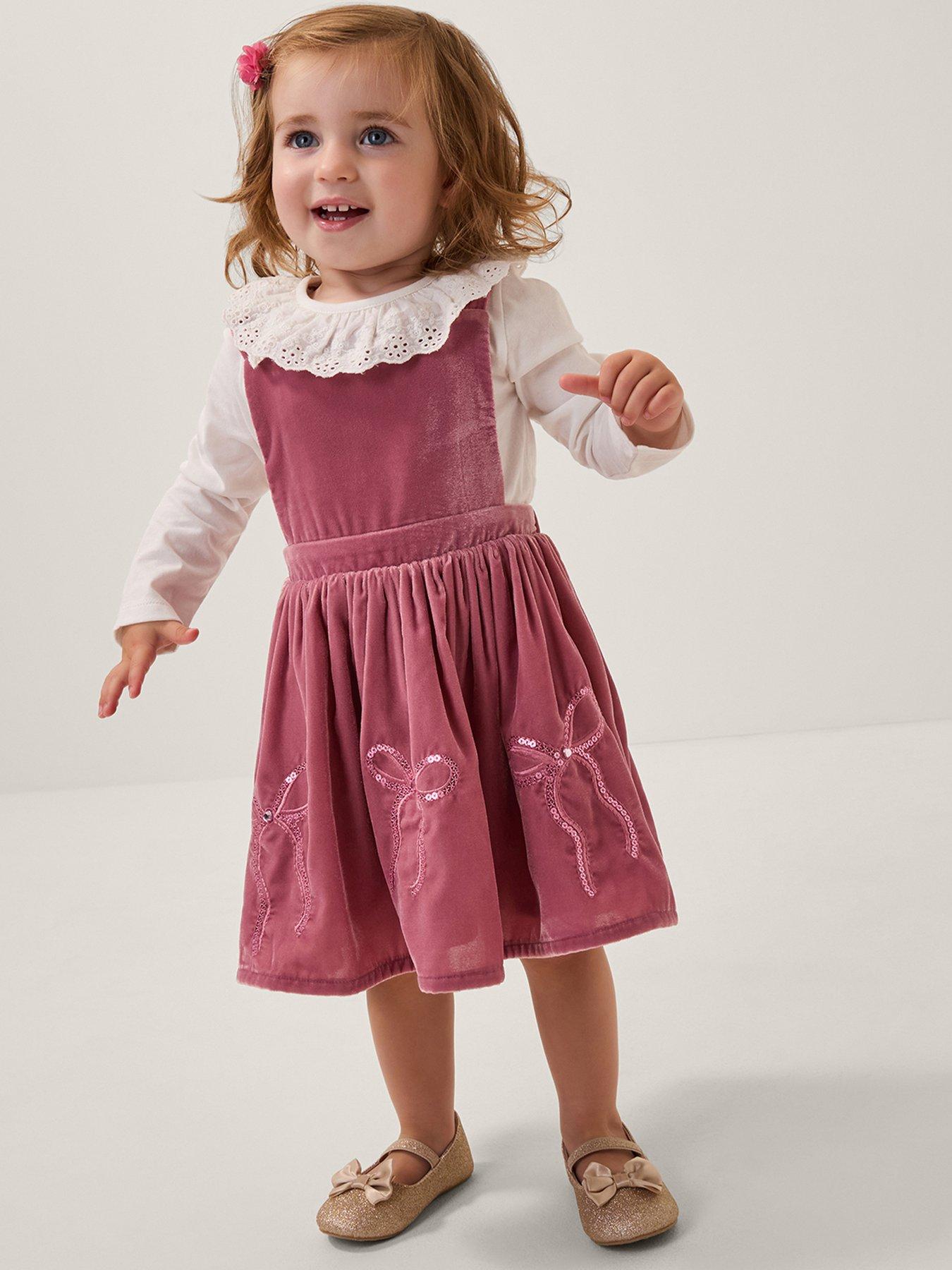Monsoon Baby Girls Broderie Top  &  Bow Pinafore Dress Set - Pink