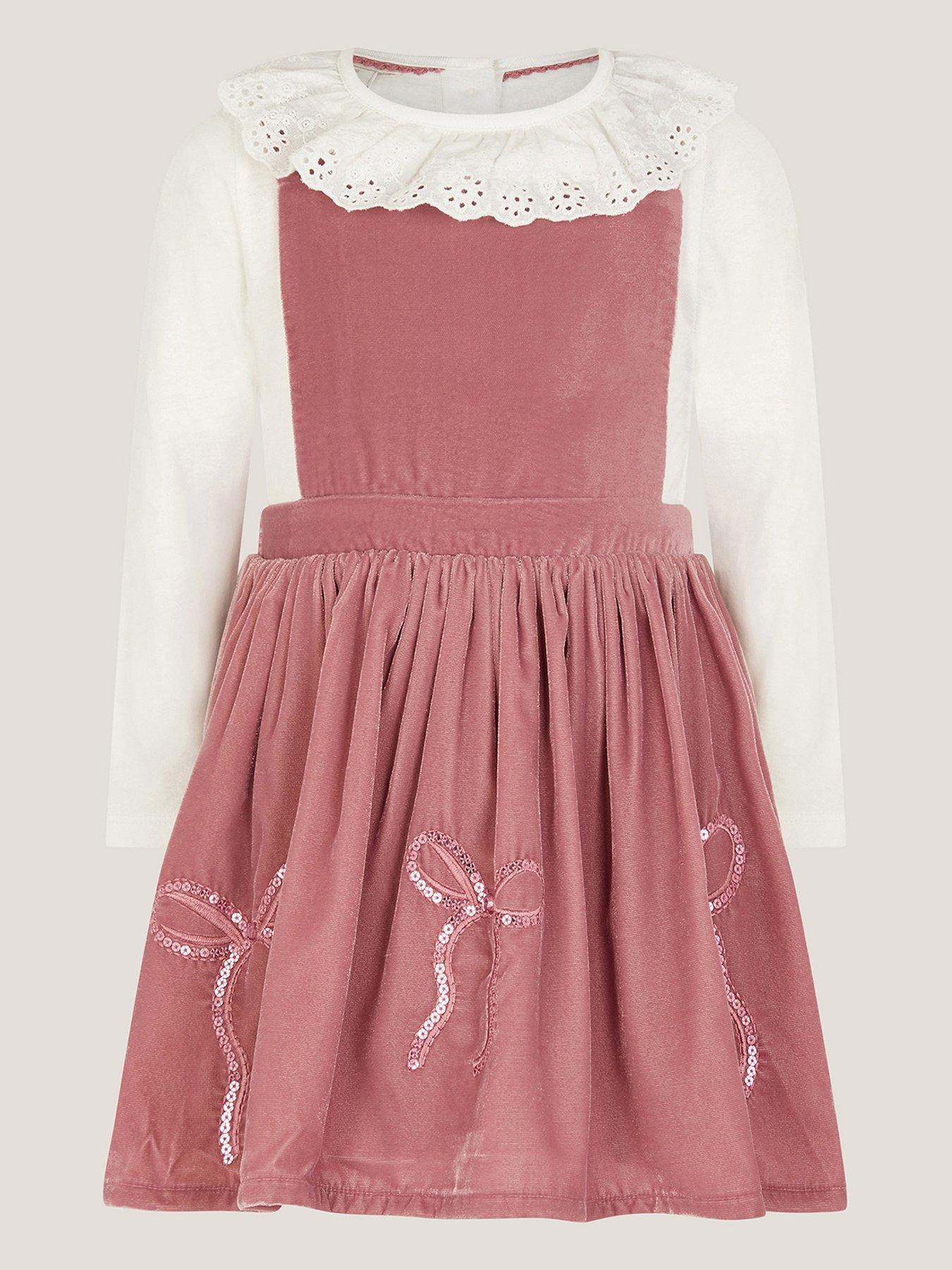 Image 2 of 4 of Monsoon Baby Girls Broderie Top &amp; Bow Pinafore Dress Set - Pink