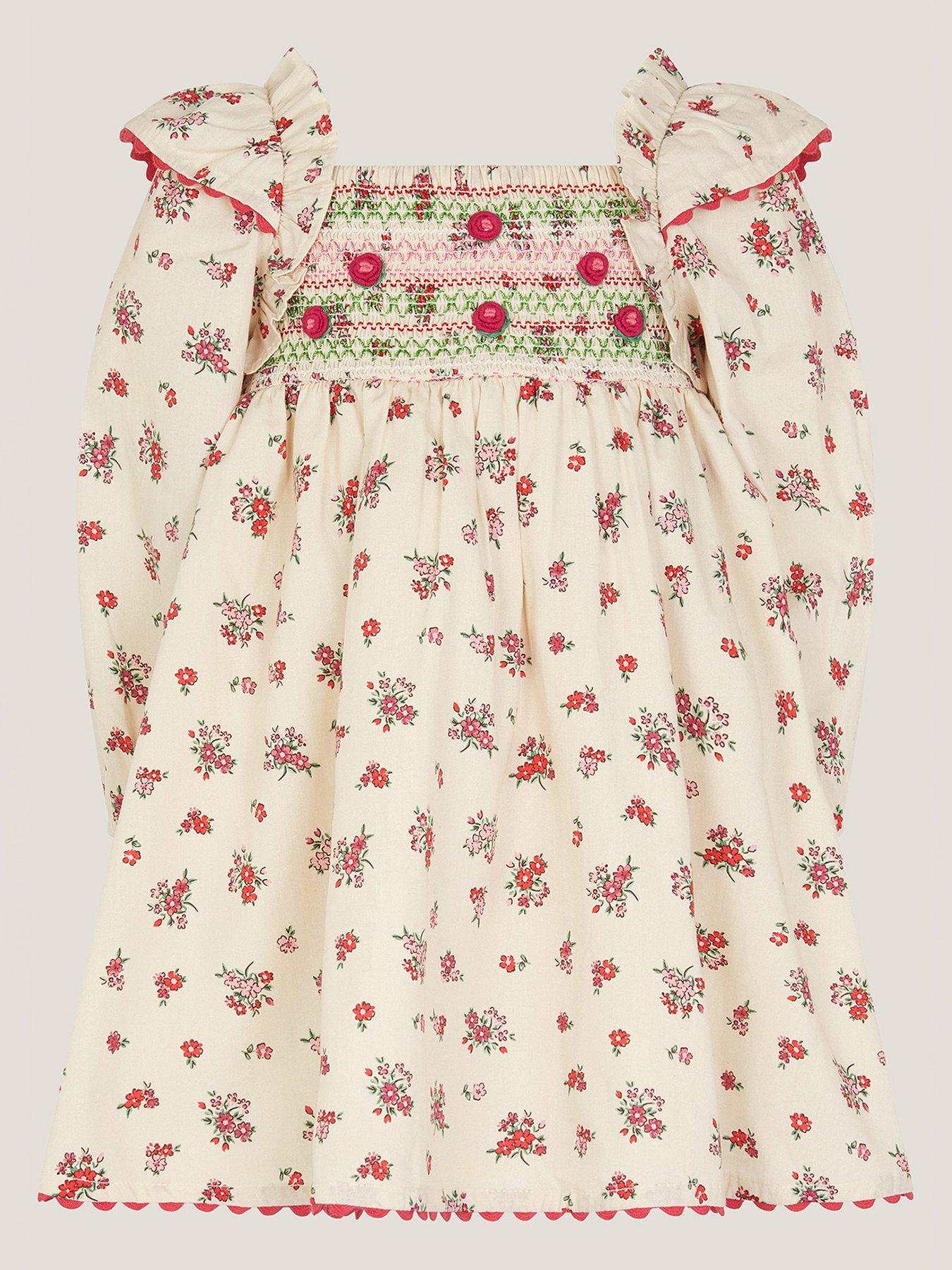 Monsoon Baby Girls Ditsy Floral Smock Dress - Light Cream