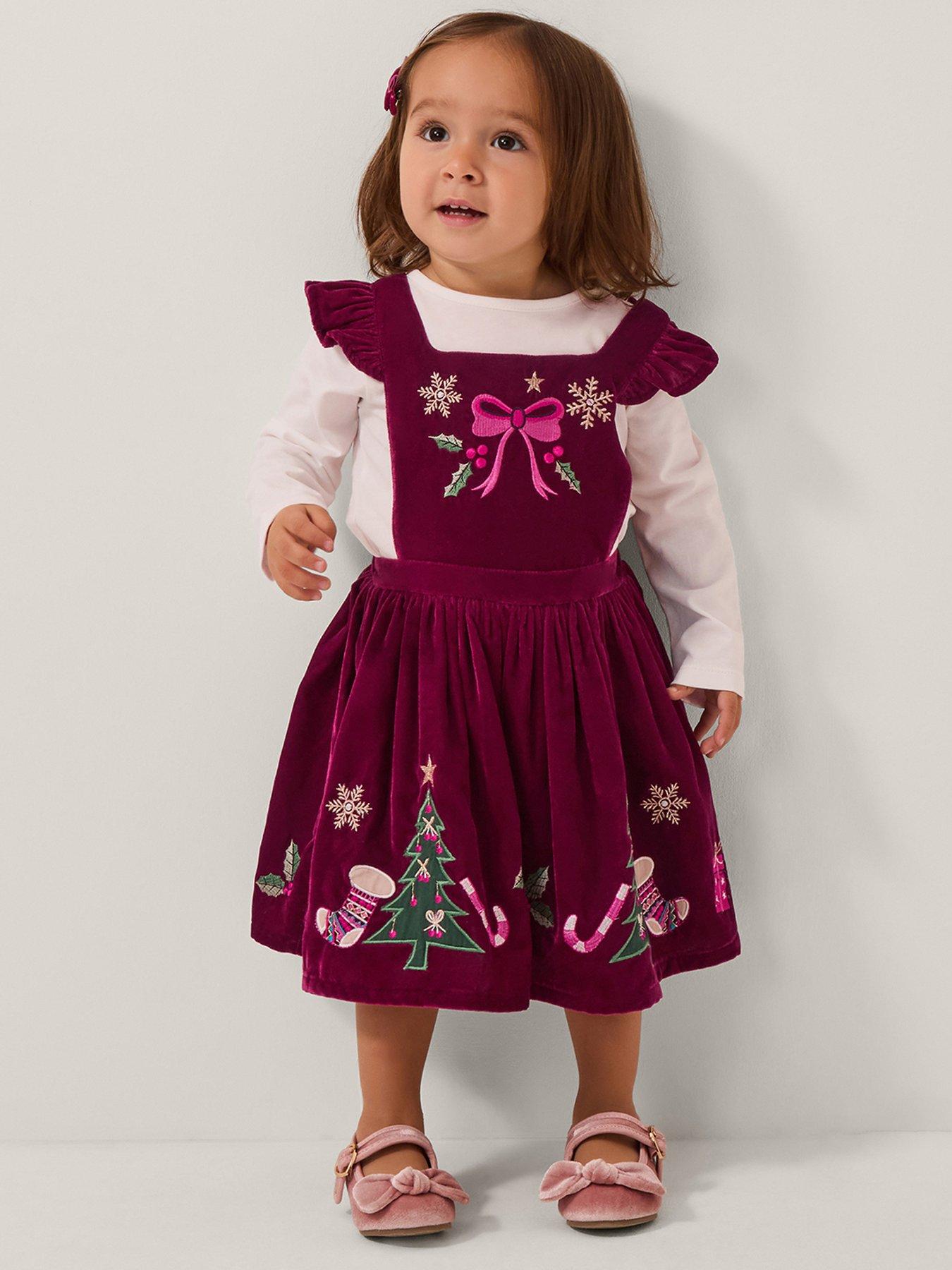 Image 1 of 4 of Monsoon Baby Girls Christmas Novelty Pinny Dress &amp; Tshirt - Red