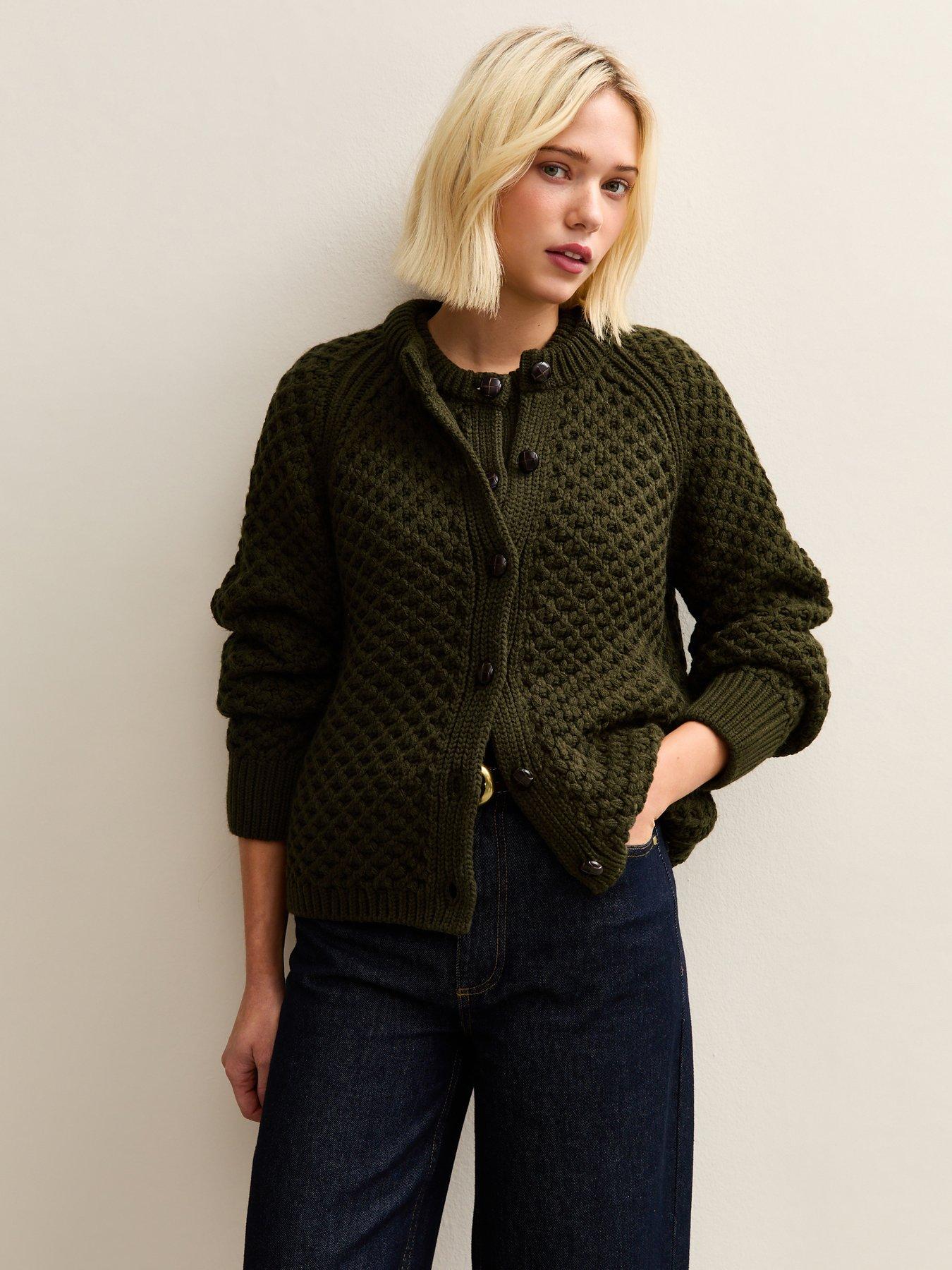 New Look Dark Khaki Chunky Crew Neck Cardigan