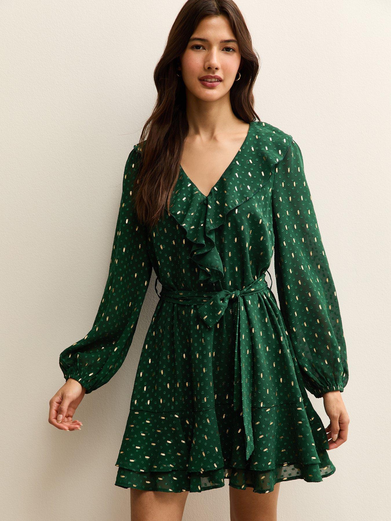 New Look Spot Chiffon Ruffle Mini Dress - Green