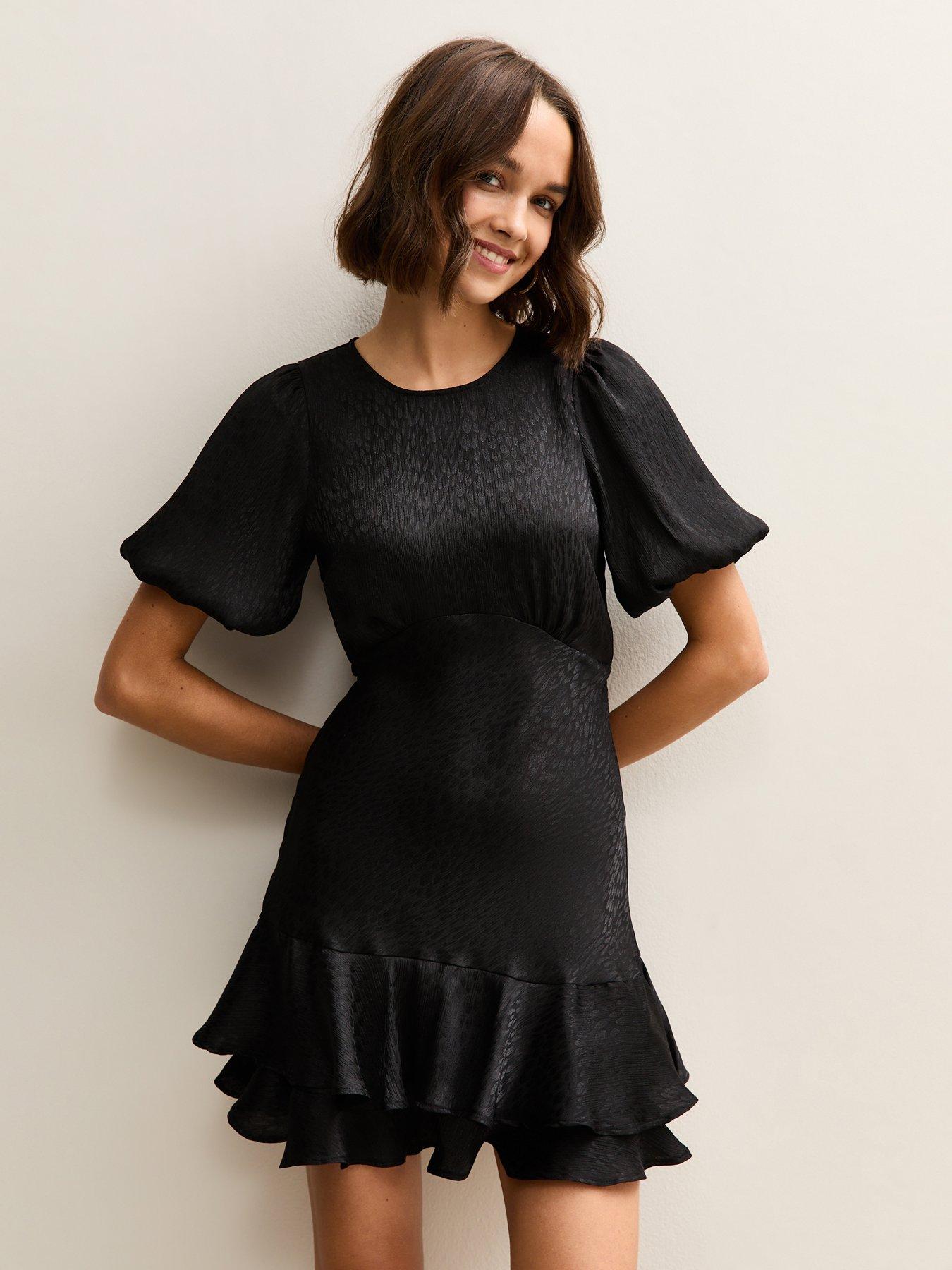 Image 1 of 5 of New Look Jacquard Feather Pattern Mini Dress - Black