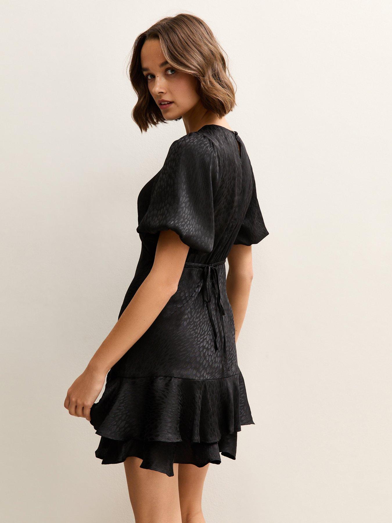 Image 2 of 5 of New Look Jacquard Feather Pattern Mini Dress - Black