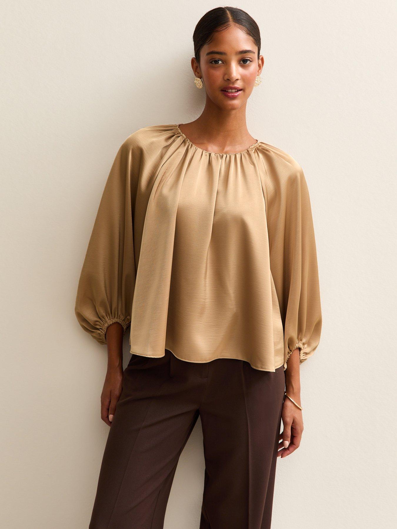New Look Gold Satin Gathered Crop Sleeve Blouse